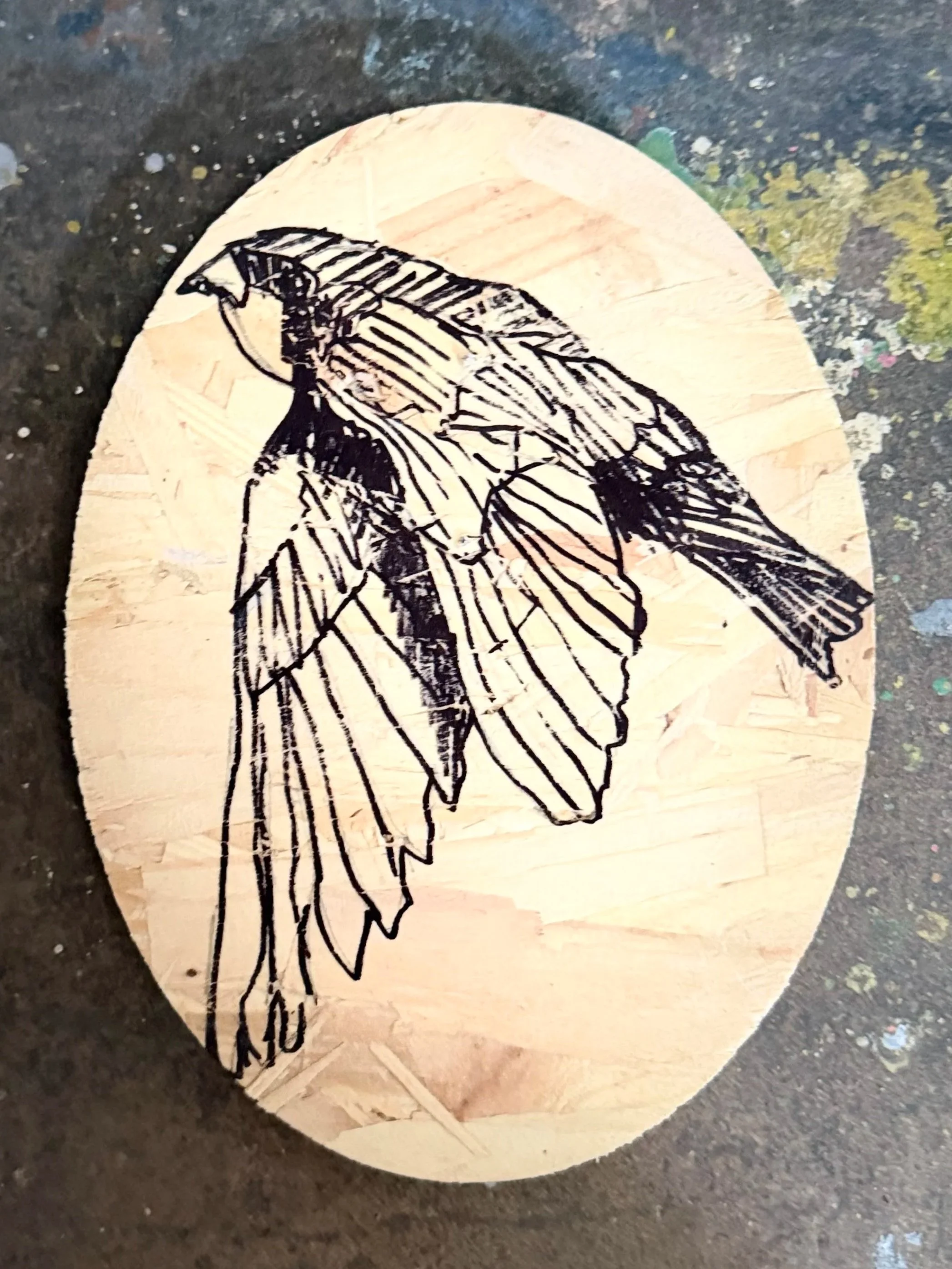 SHEP 1 (2026), 14 x 19 x 1.8 cm, ink on osb