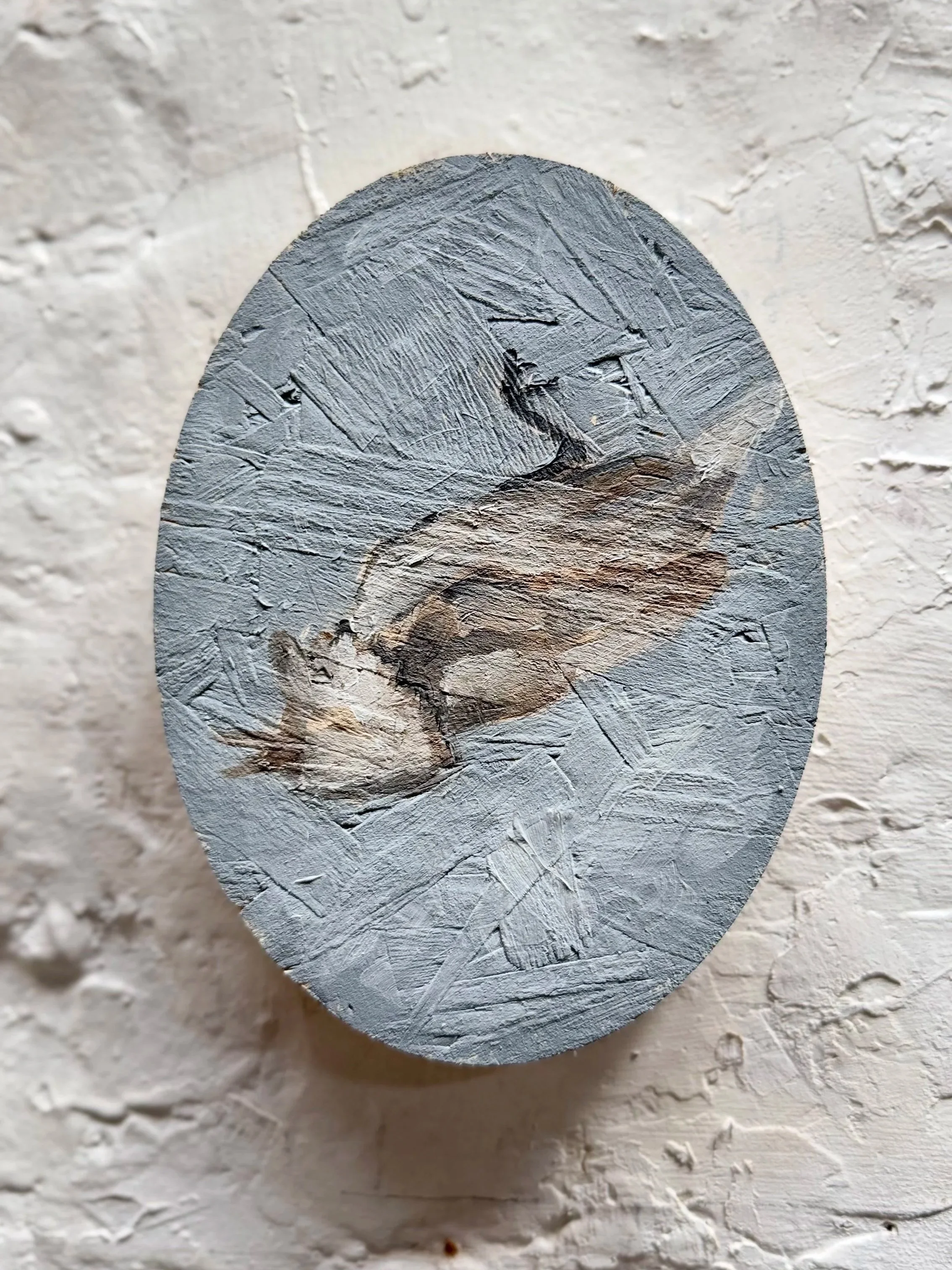 Dead Dunnock on a Tuesday (2026), 14 x 19 x 1.8 cm, oil on osb