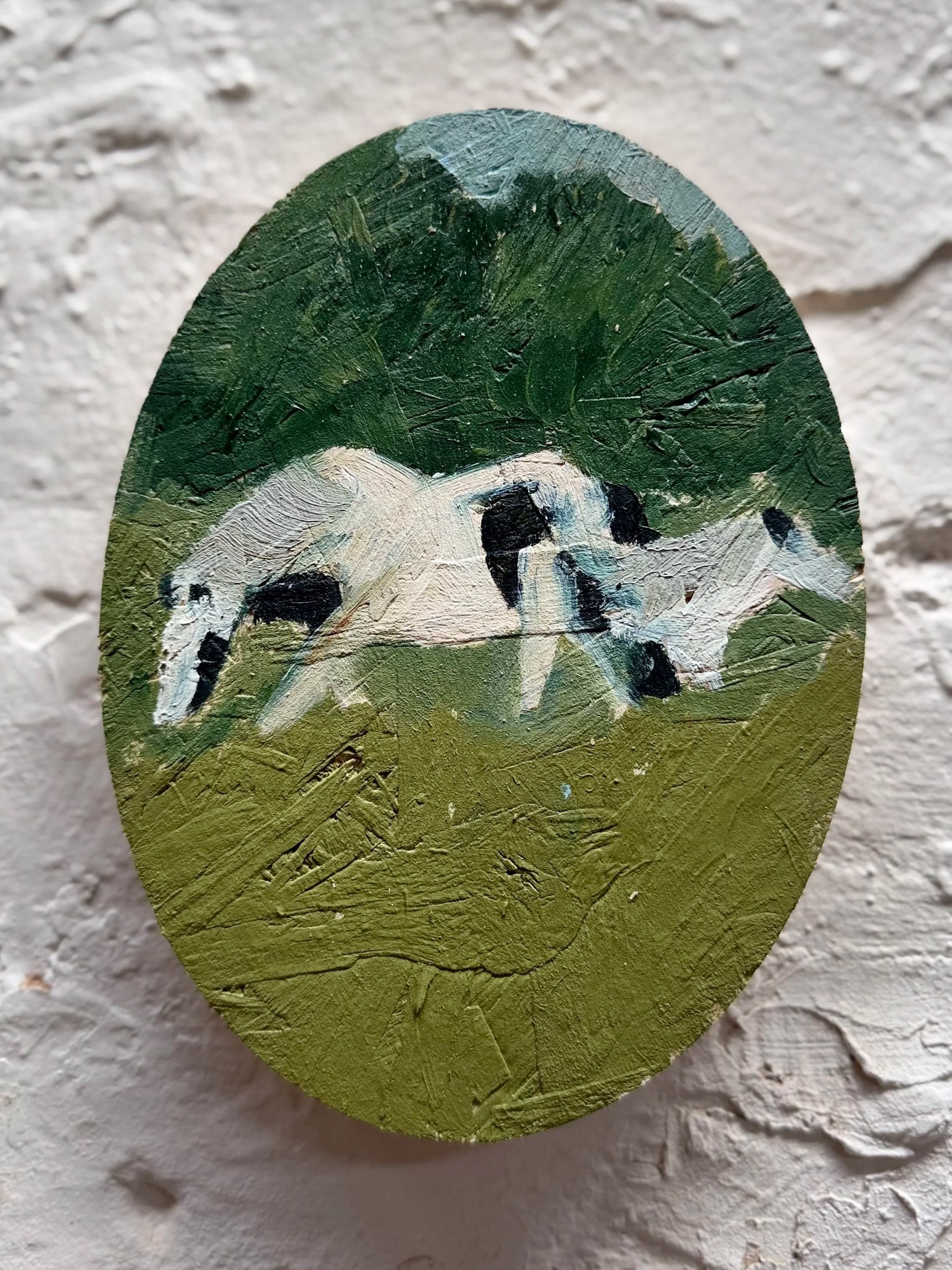 Sleighed Green (2026), 14 x 19 x 1.8 cm, oil on osb