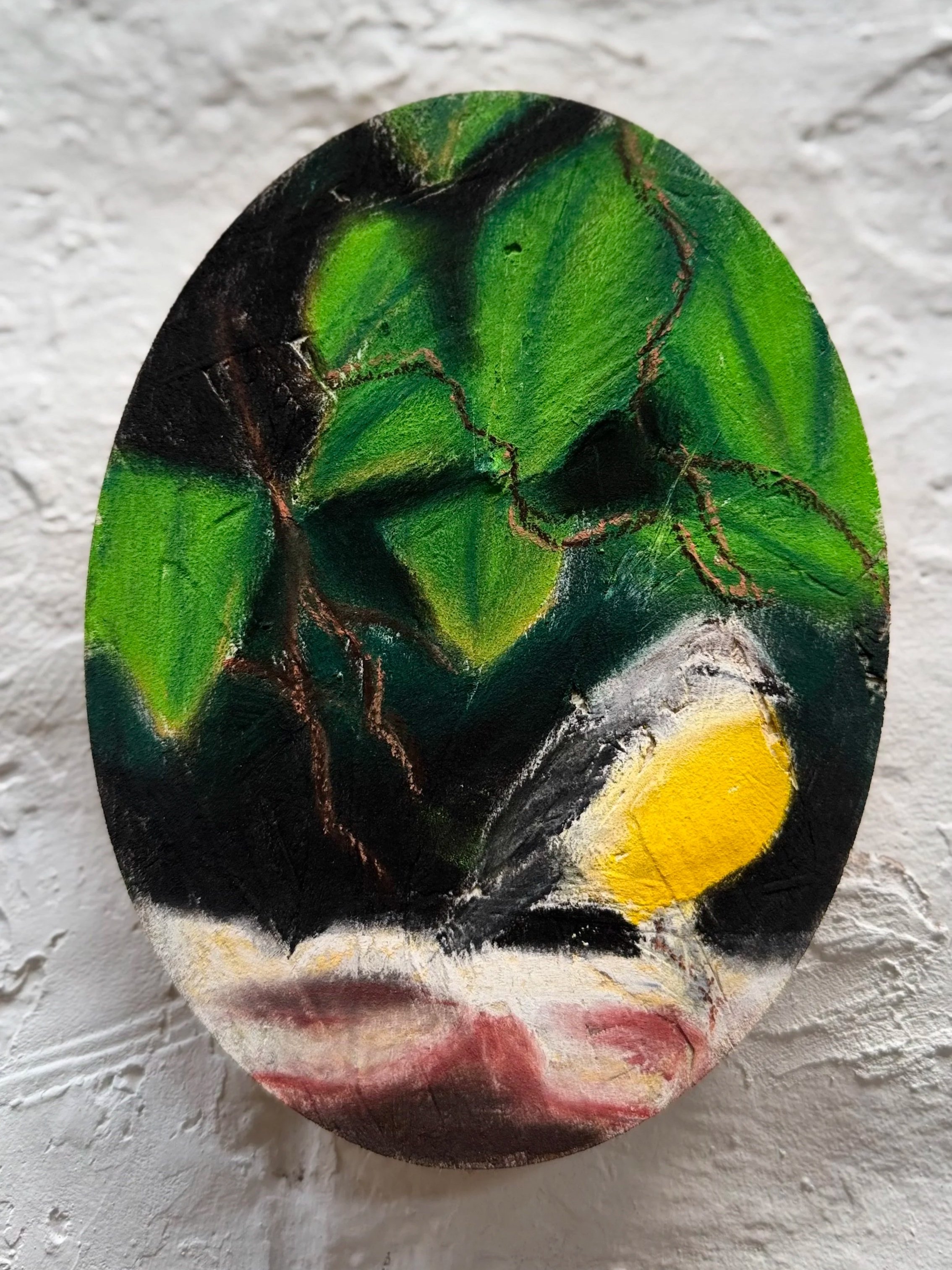 Yellow by the River (2026), 14 x 19 x 1.8 cm, pastel on osb
