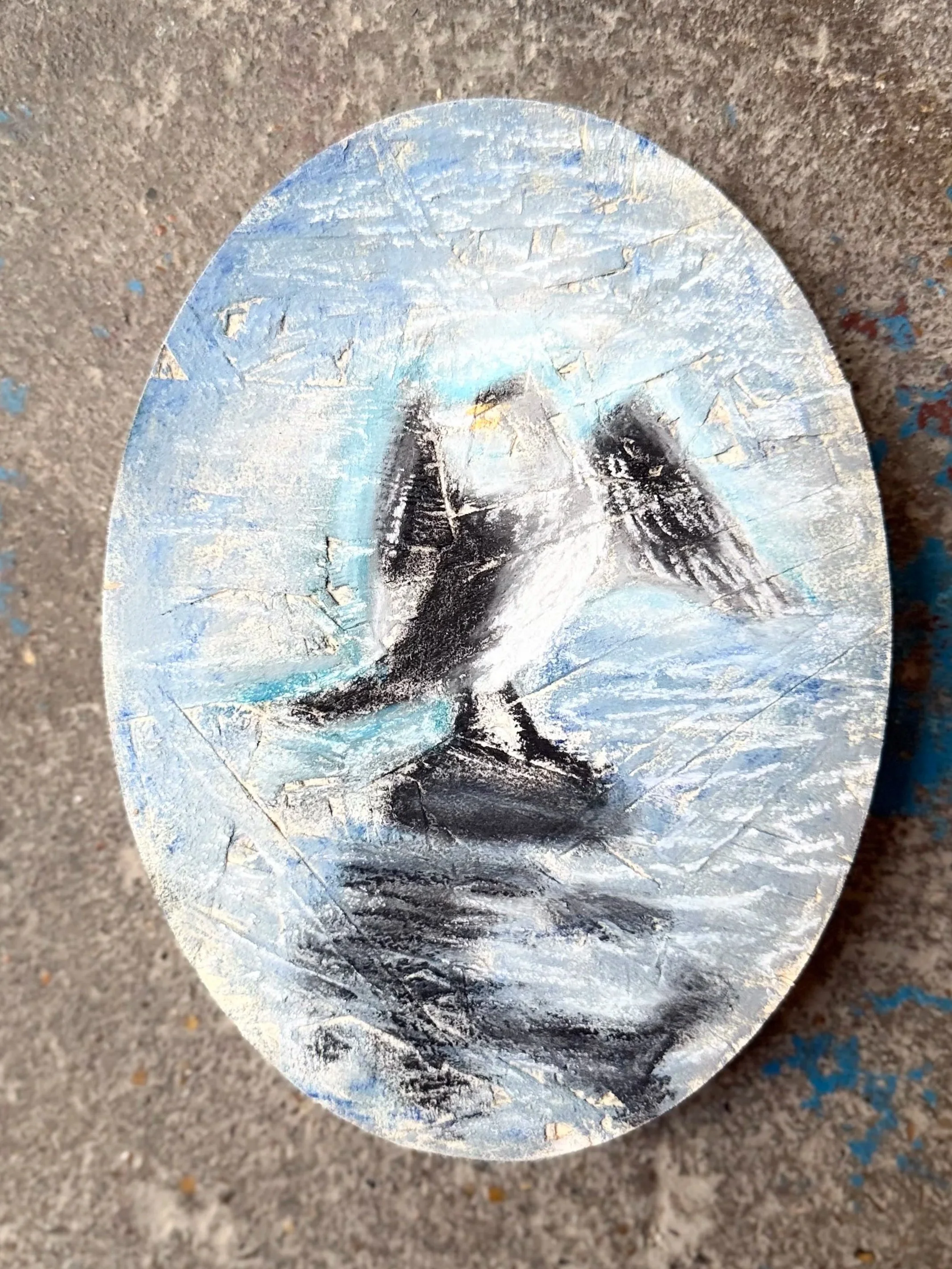 Sunbathing (2026), 14 x 19 x 1.8 cm, pastel on osb
