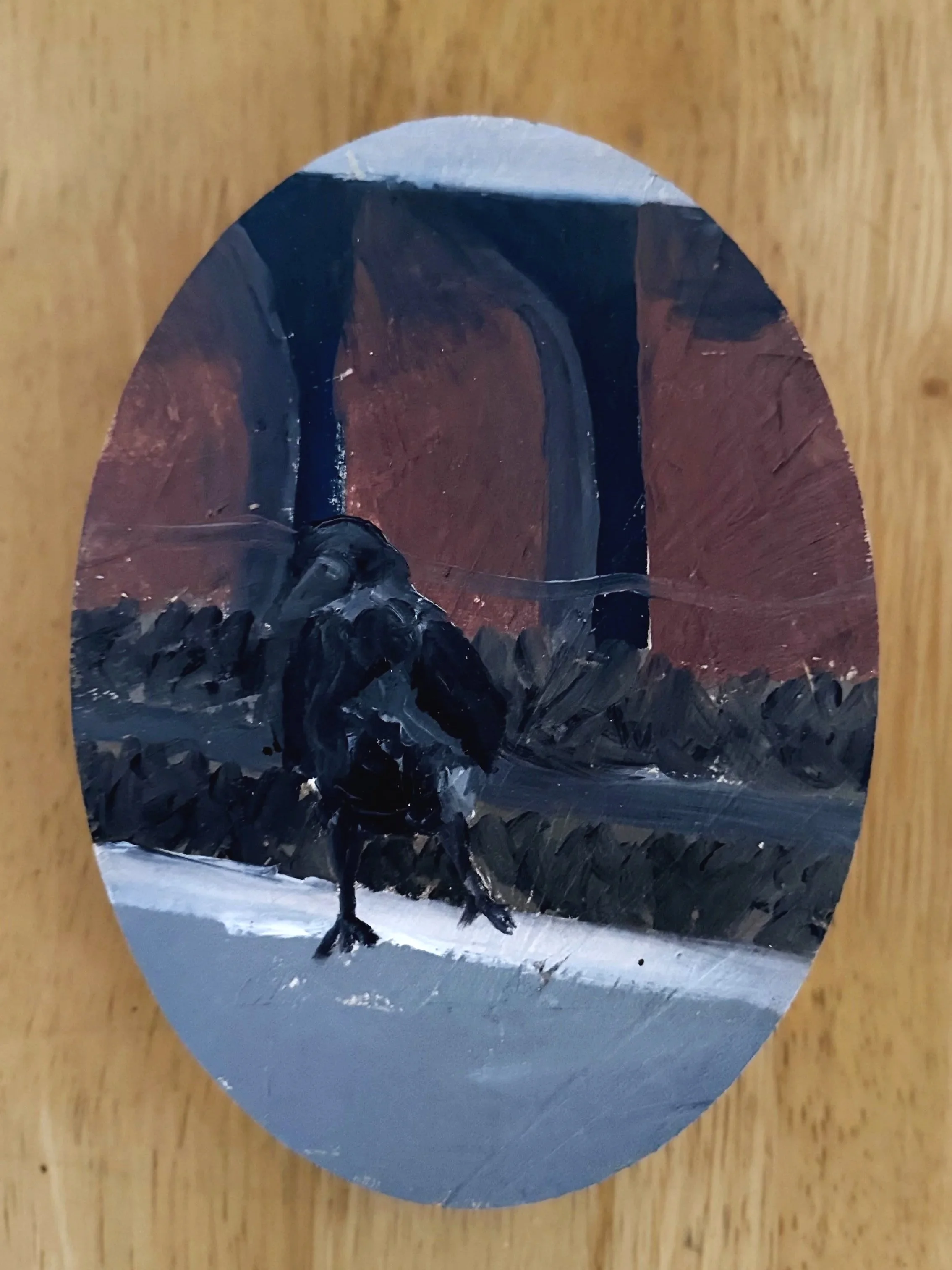 Crowing about in Pett’s Wood (2026), 14 x 19 x 1.8 cm, oil on osb
