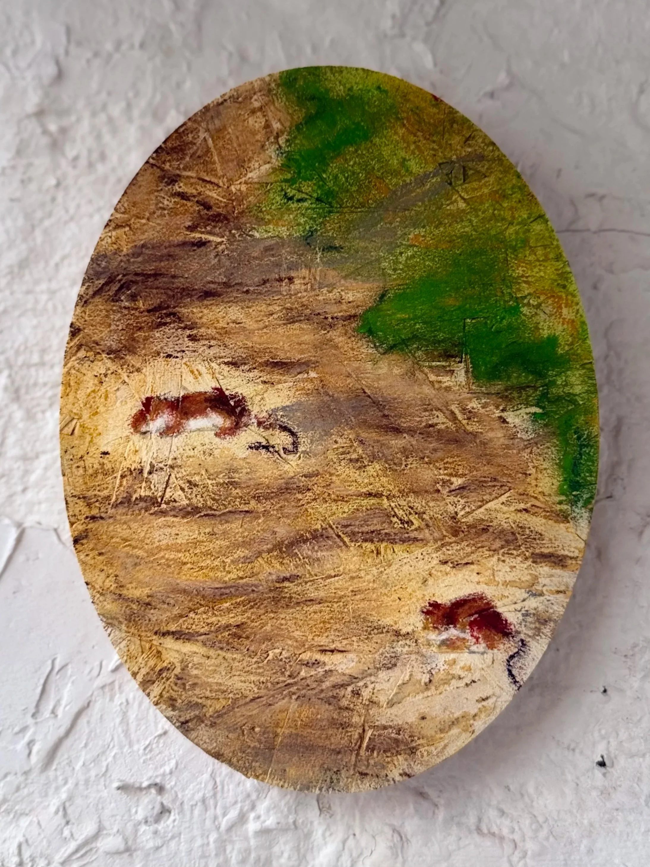 Nibbling at Golden Hour (2026), 14 x 19 x 1.8 cm, pastel on osb