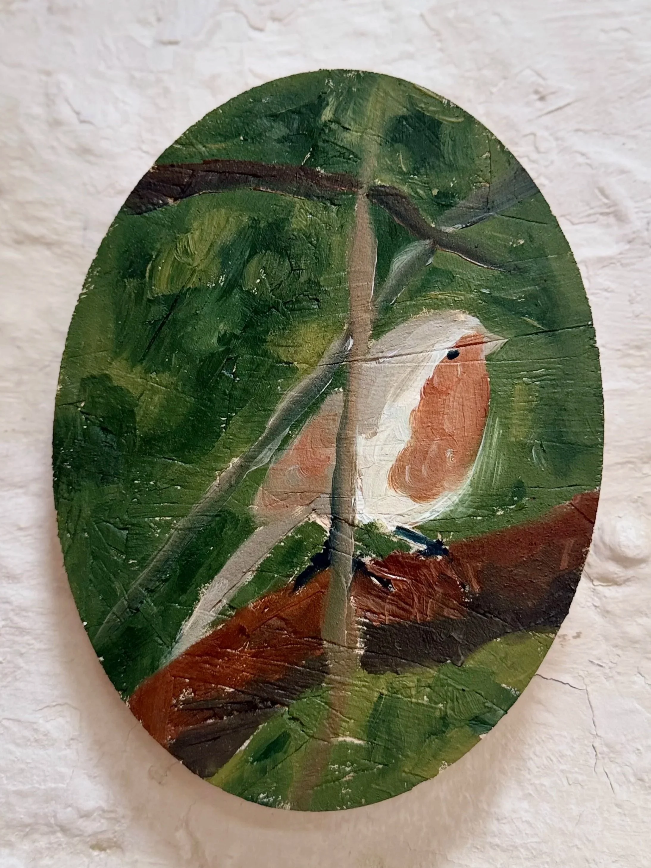 Robin in Barnet (2026), 14 x 19 x 1.8 cm, oil on osb