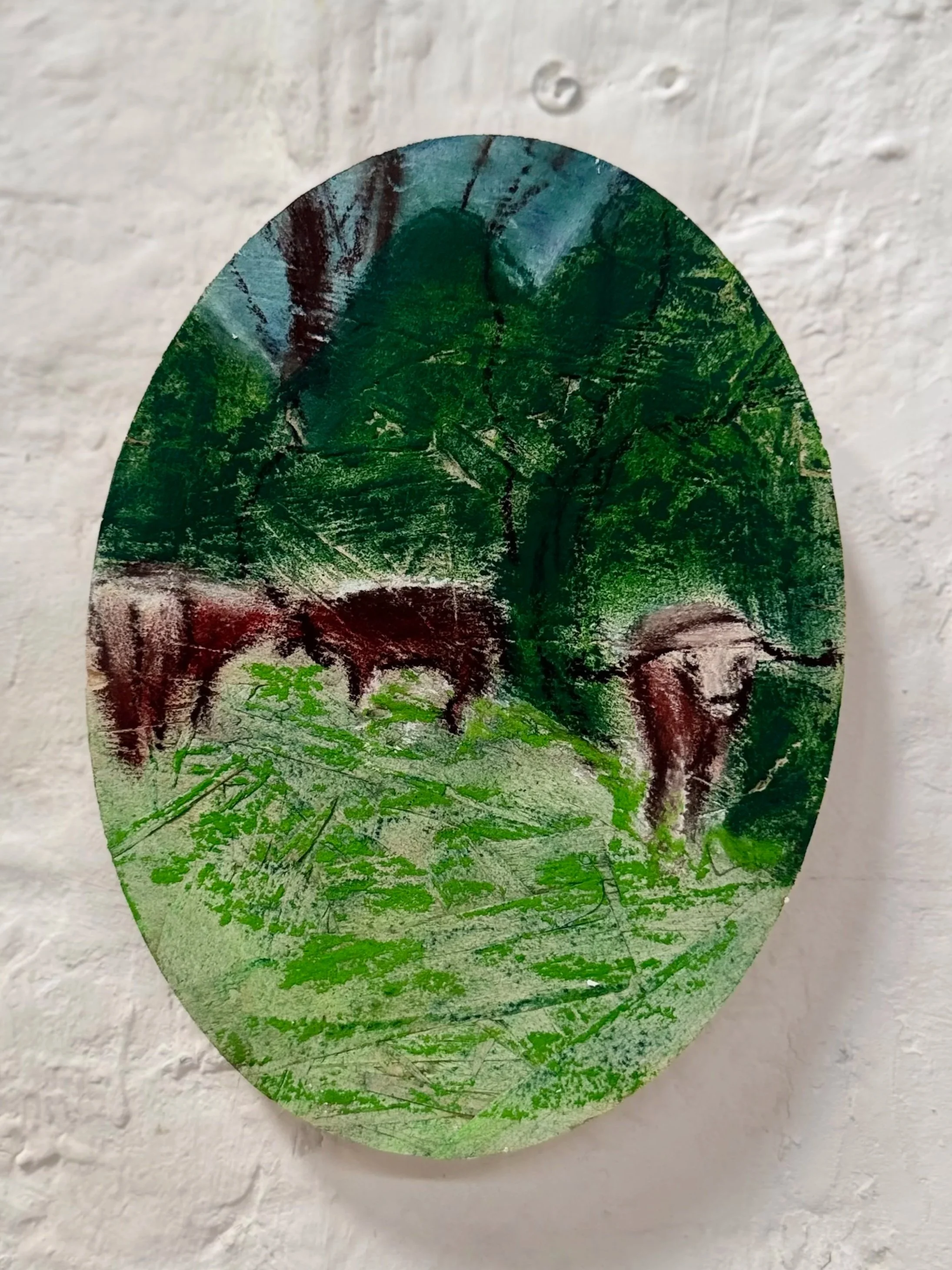Studying Cattle (2026), 14 x 19 x 1.8 cm, pastel on osb