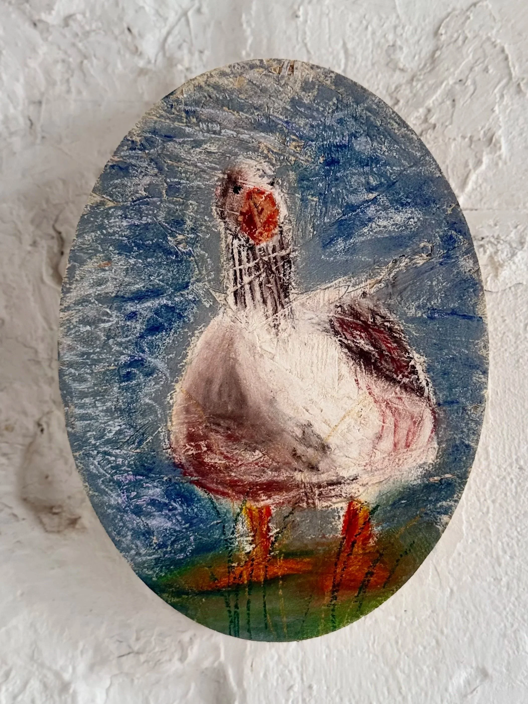 Best beak forward (2026), 14 x 19 x 1.8 cm, pastel on osb