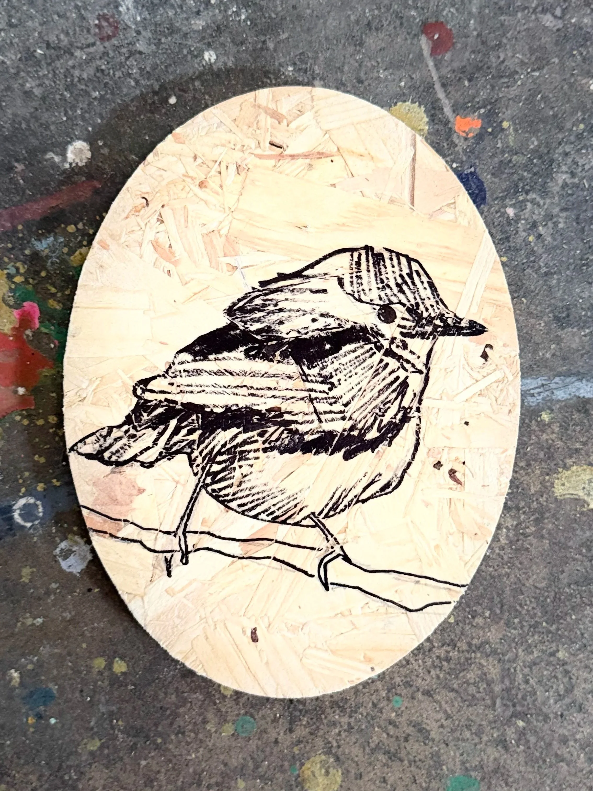 SHEP 4 (2026), 14 x 19 x 1.8 cm, ink on osb