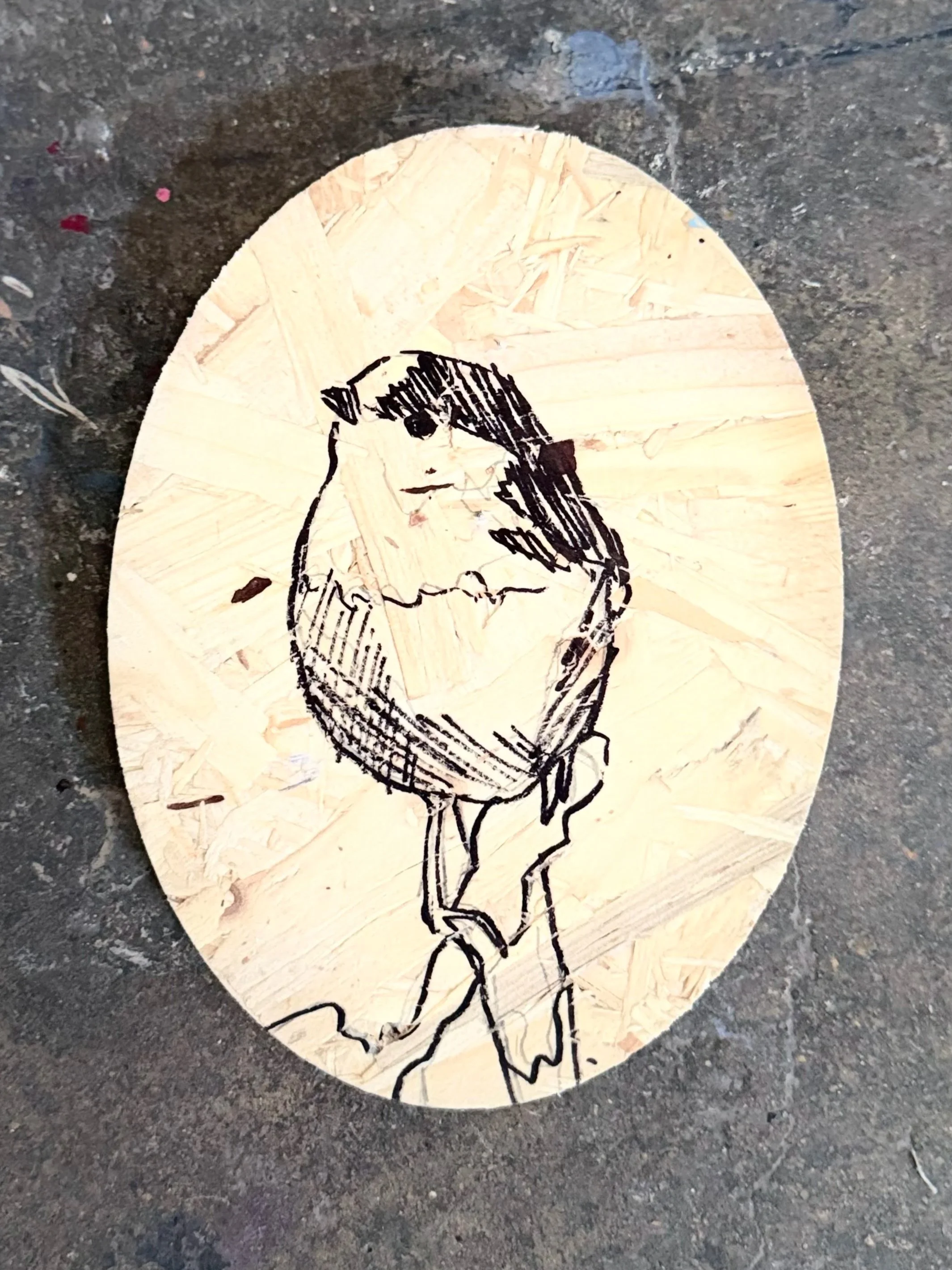 SHEP 2 (2026), 14 x 19 x 1.8 cm, ink on osb