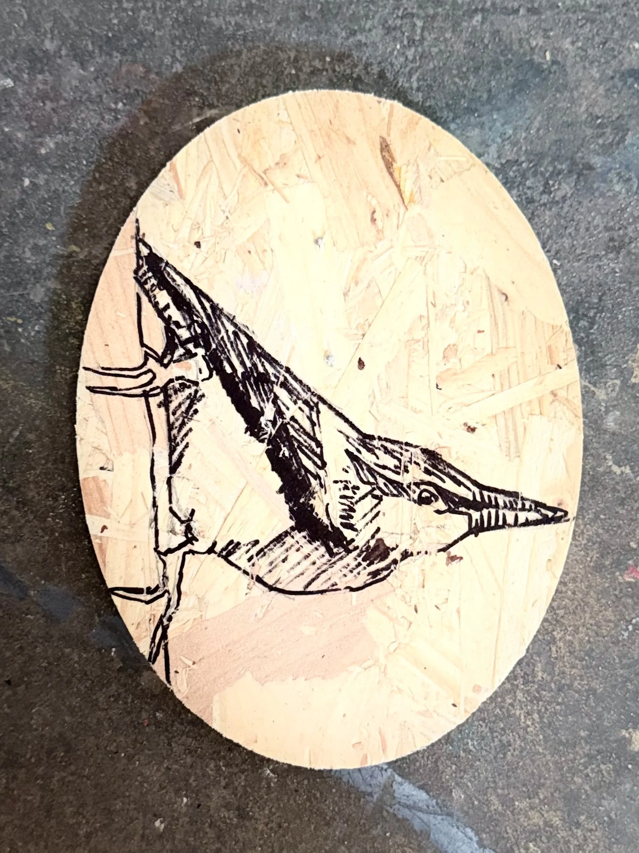 SHEP 3 (2026), 14 x 19 x 1.8 cm, ink on osb