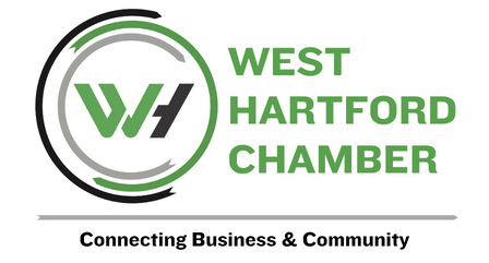 Logo of West Hartford Chamber with green and black text and circular design, tagline 'Connecting Business & Community'.