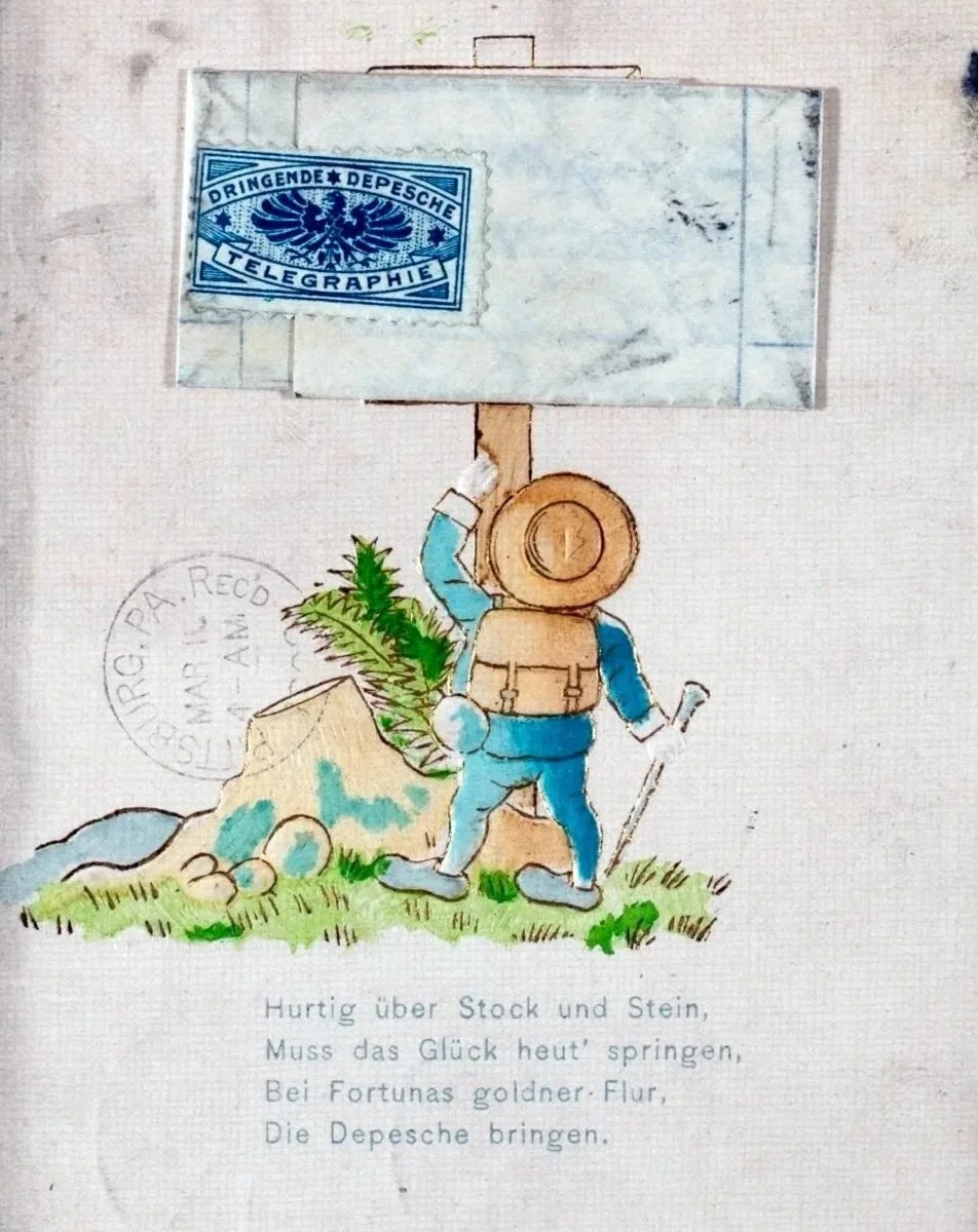A colorful drawing of a traveler wearing a hat, backpack, and holding a walking stick, standing on grass beside a large rock and a green plant. There is a postage stamp with a blue eagle and German text at the top. Below, a German poem references luck, fortune, and a bird called the depesche.
