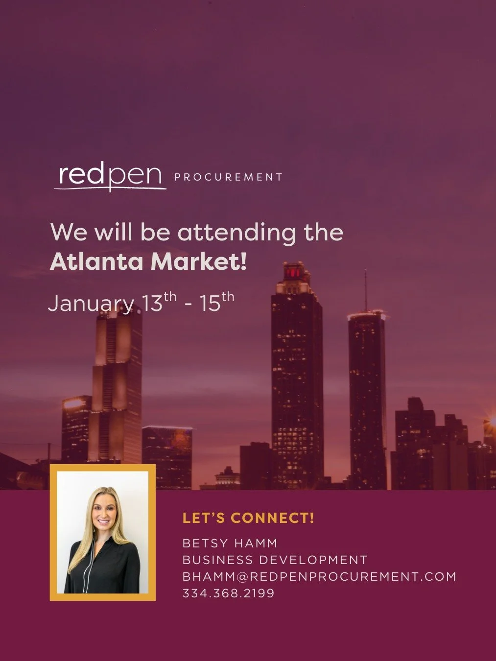 Atlanta Market, here we come! 👋

If you&rsquo;re attending, say hello to Betsy Hamm at bhamm@redpenprocurement.com or message us to schedule a chat! We'll be there January 13-15. Let&rsquo;s connect and talk about how Red Pen Procurement can streaml