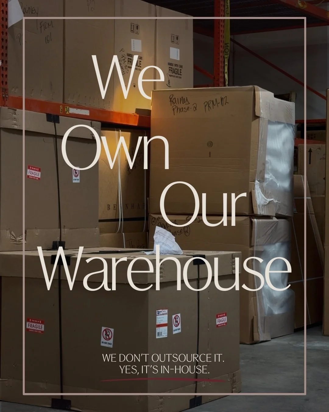 We own our warehouse. 📦
 
Furniture, art, accessories, and drapery are received, inspected, stored, and assembled by our team before install week even begins.
 
When it&rsquo;s time to deliver to site, everything moves together cleanly and on schedu