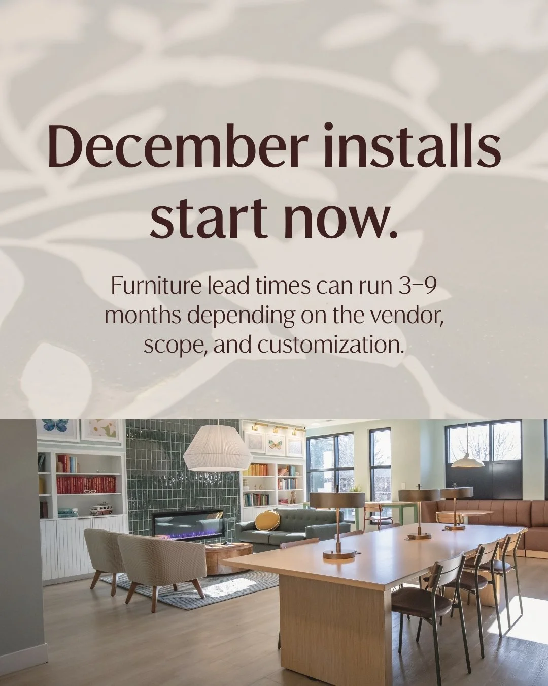 If your install is scheduled for December, now is the time to get procurement moving! 

Lead times can shift quickly depending on the vendor, level of customization, freight timelines, and the overall project scope. Waiting too long usually means few