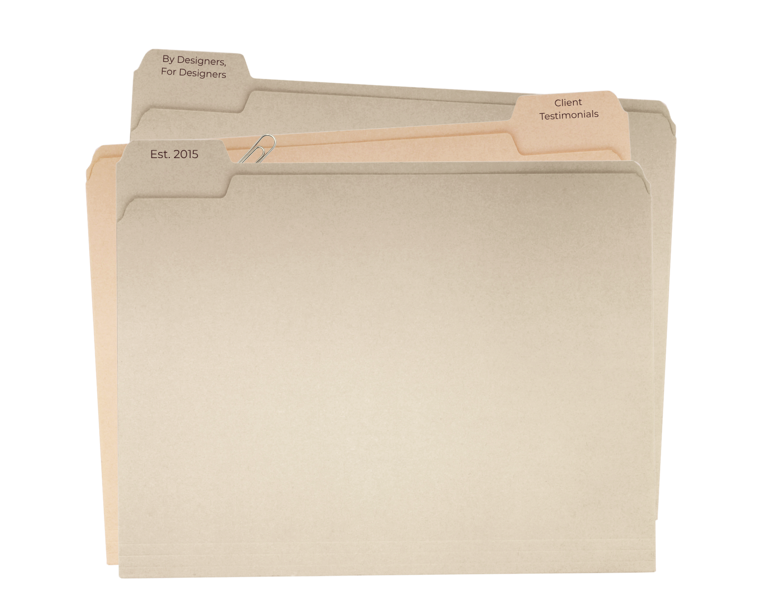Multiple file folders in beige and light brown colors, labeled with various text such as "By Designers, For Designers," "Client Testimonials," "Est. 2015," and others, with one folder containing a paperclip.