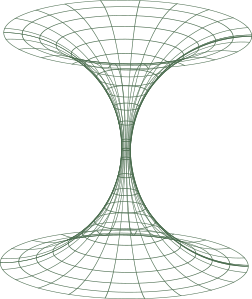 A 3D wireframe model of a hyperboloid shape with two curved surfaces connected at a narrow waist.