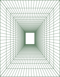 A digital 3D tunnel with green grid lines converging towards a black rectangular portal at the center.