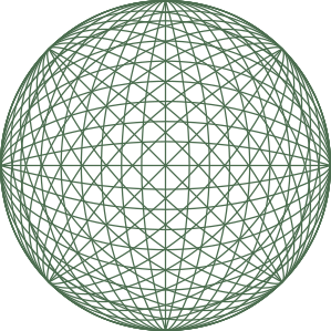 A geometric design of a green wireframe sphere with intricate interconnected lines and patterns.