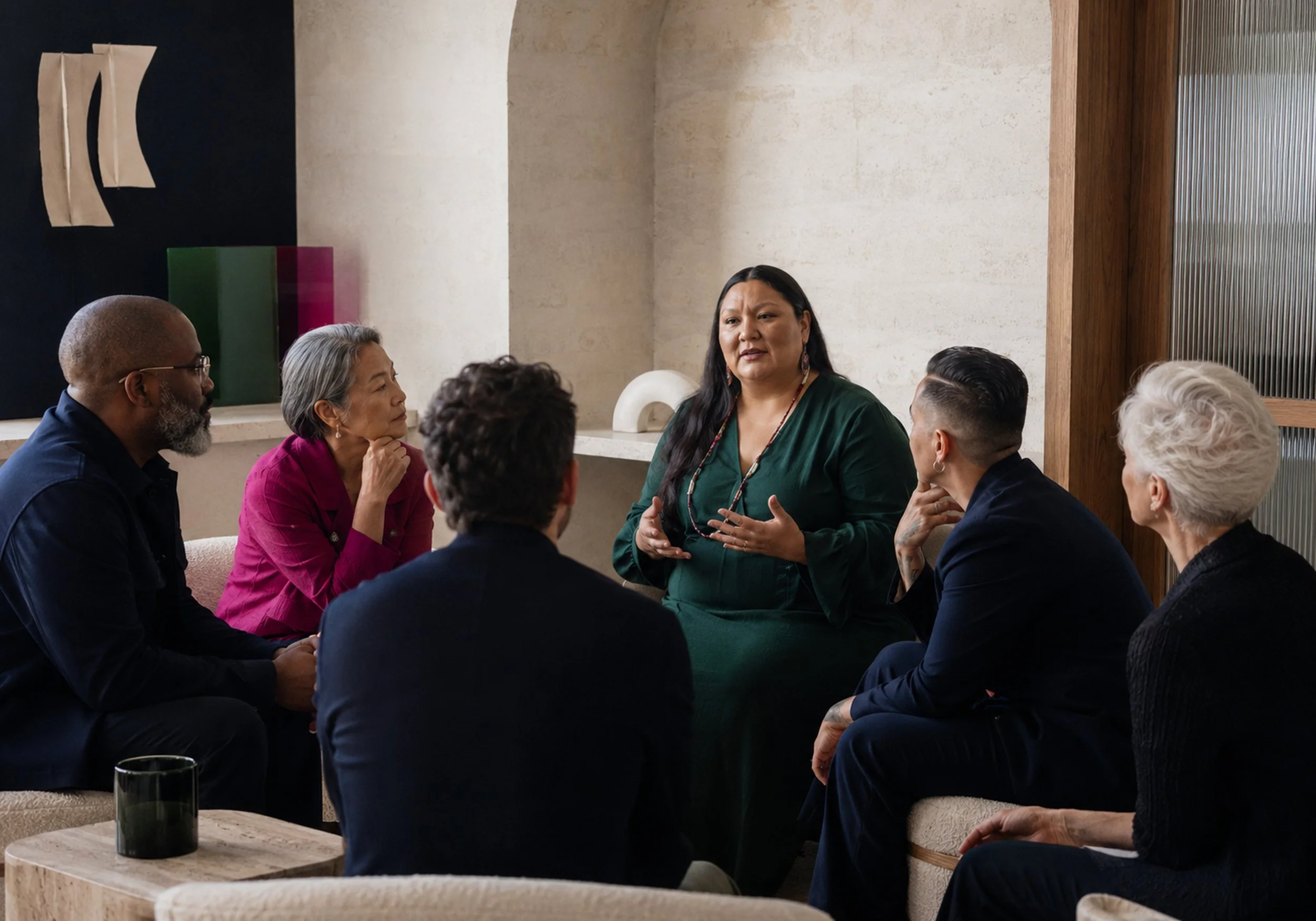 A woman in a green top is speaking to a group of diverse adults seated around a table in a modern room, engaging in a discussion.