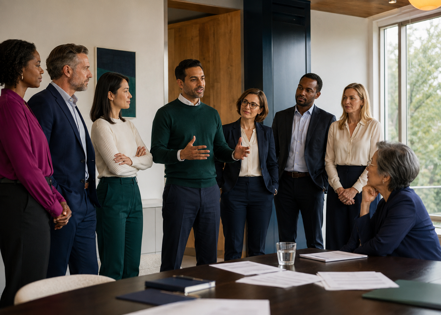 A group of professionals in business attire having a discussion in a conference room with large windows showing trees outside.