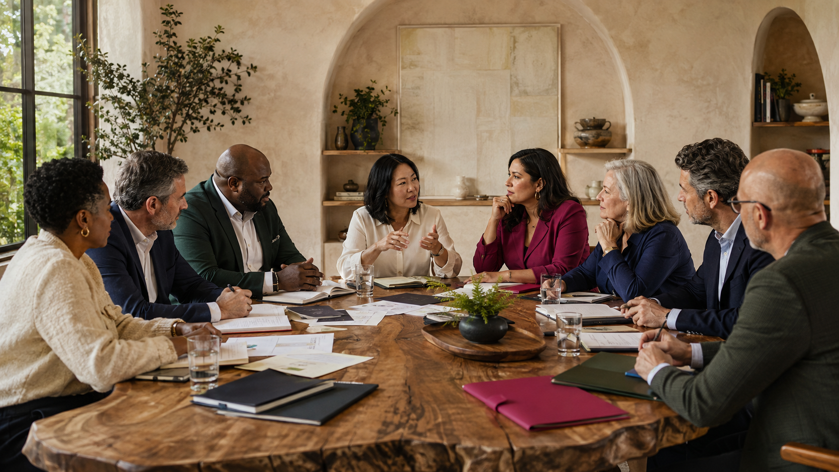 A diverse group of nine adults sitting around a large wooden conference table engaged in a discussion. The room has natural light coming through a window, with neutral-colored walls and shelves with decorative items in the background.