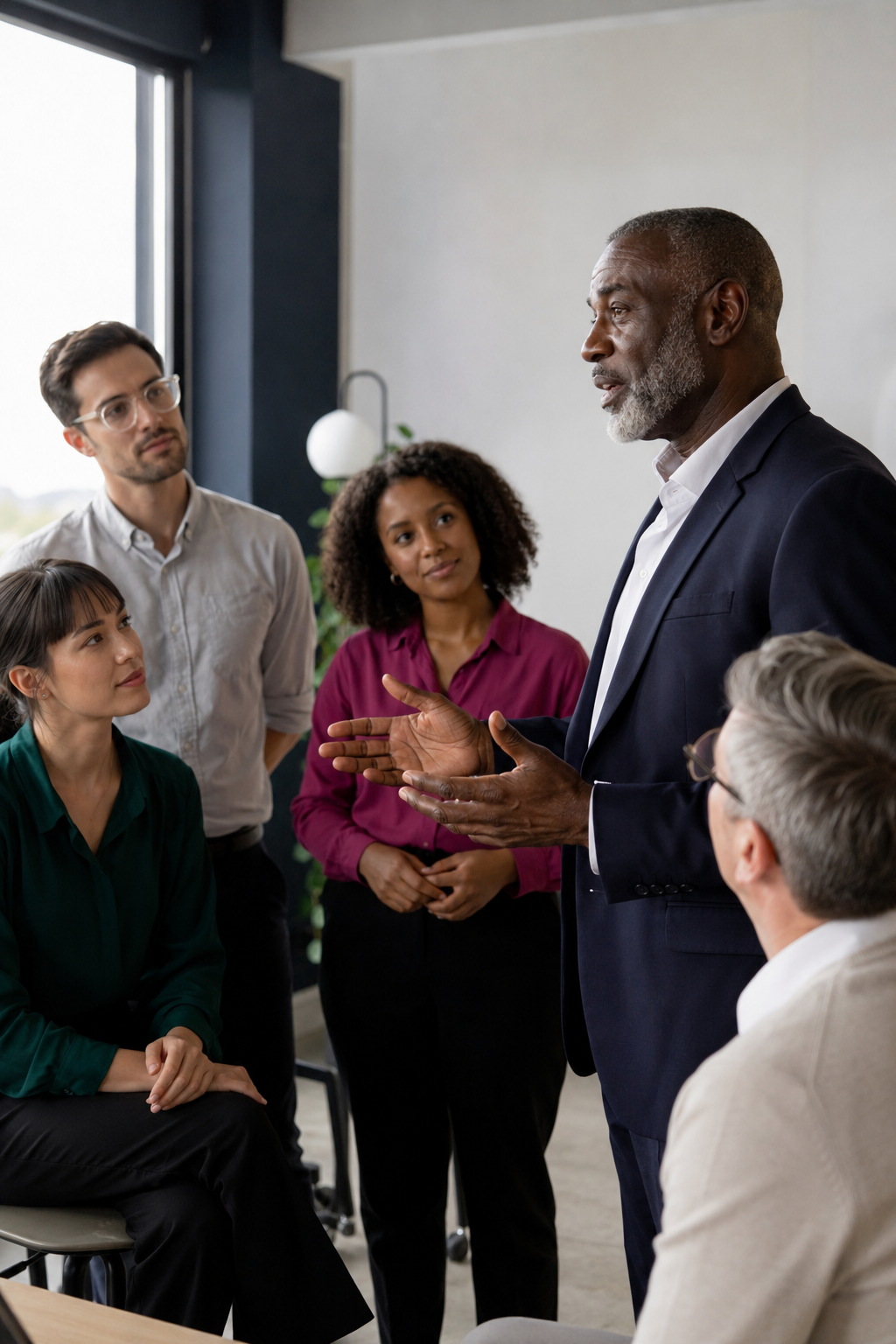 A diverse group of five professionals listening to a man in a dark suit and white shirt, who is speaking and using hand gestures in a modern office with large windows.