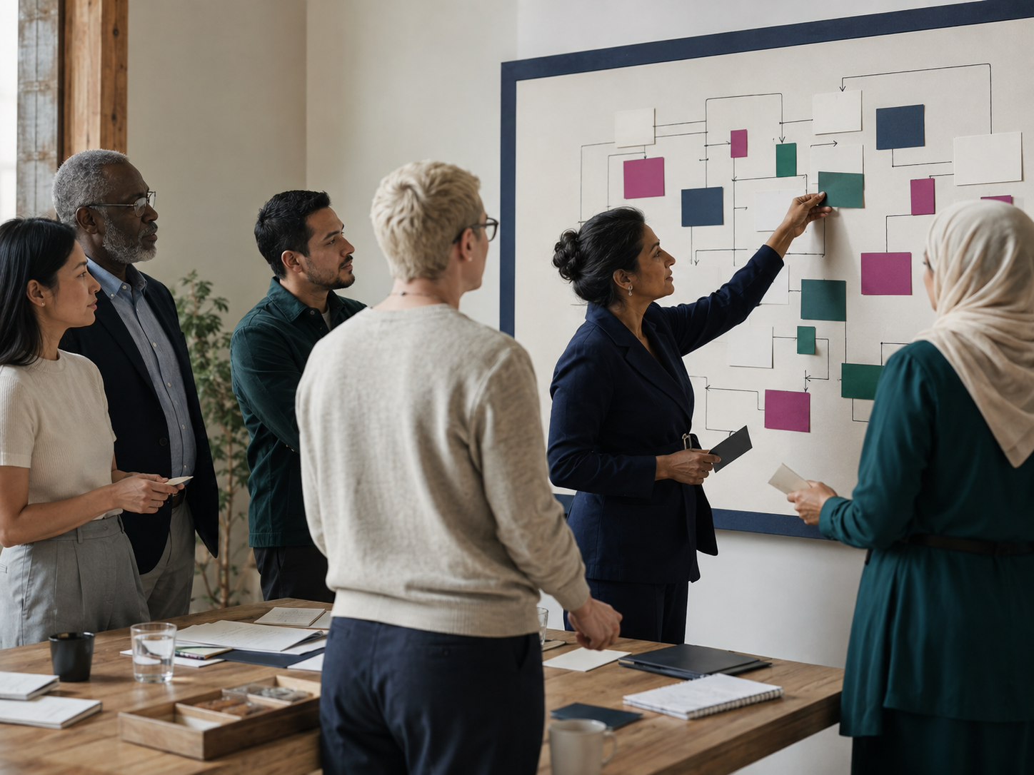 A diverse group of six people standing around a table in a meeting room, listening to a woman in a dark blazer explain a flowchart on a whiteboard. The flowchart contains various colorful shapes and lines. The table has notebooks, papers, and glasses.