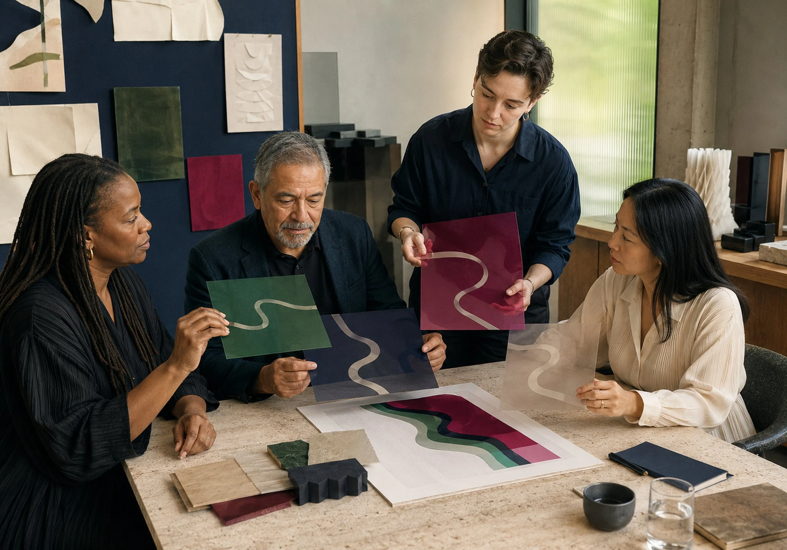 A group of five diverse professionals, four women and one man, gathered around a table discussing and reviewing colorful art boards and fabric samples inside a creative studio with artwork on the walls.