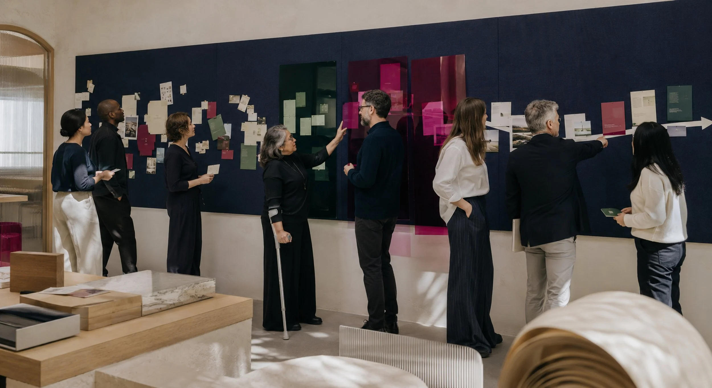 Group of people viewing and discussing artwork or presentation on a wall at an indoor gallery or event.