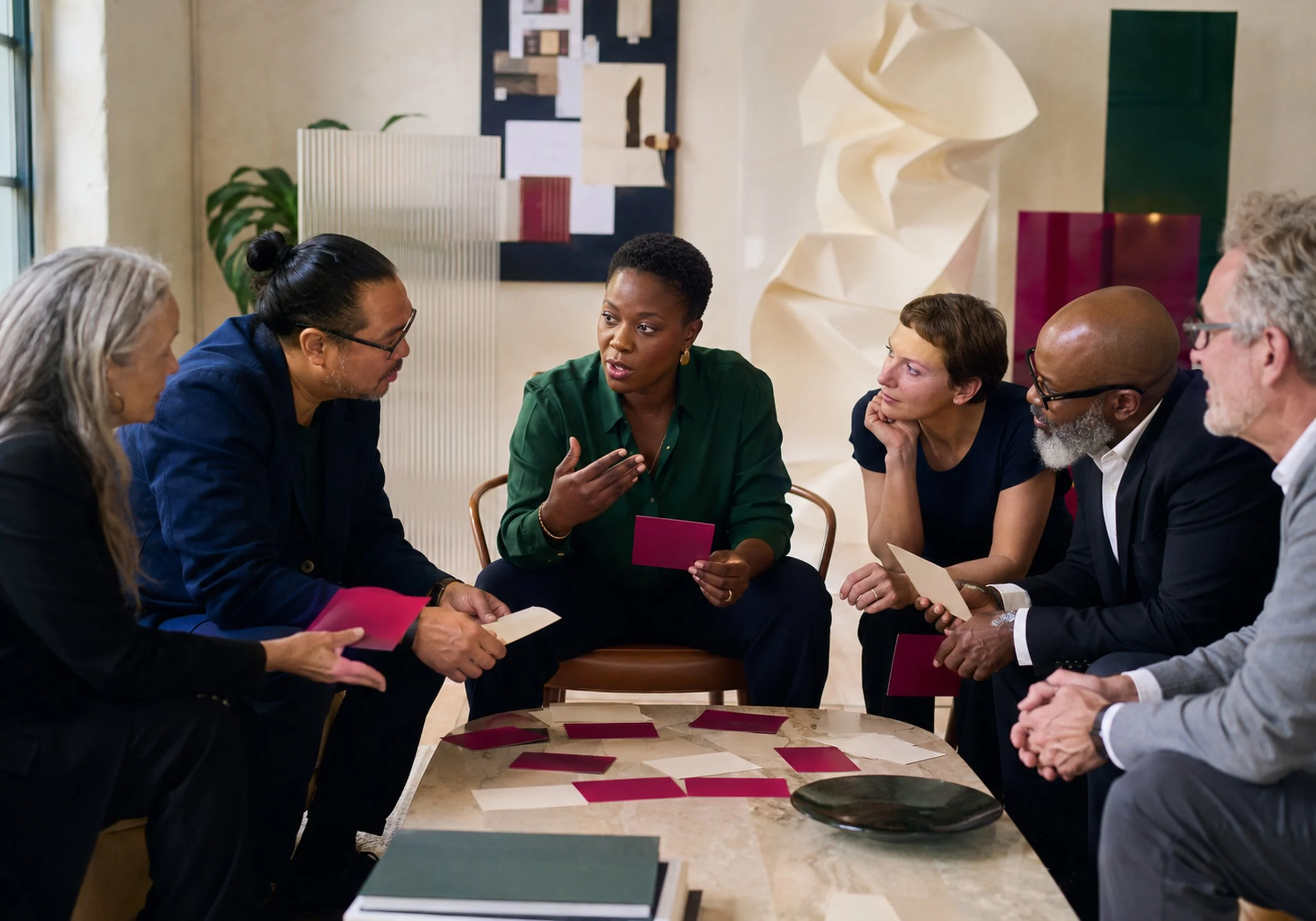 A diverse group of eight people sitting around a table in a meeting, engaging in discussion. The woman in the center is speaking, holding a pink card, while others listen. The background has abstract art and houseplants.