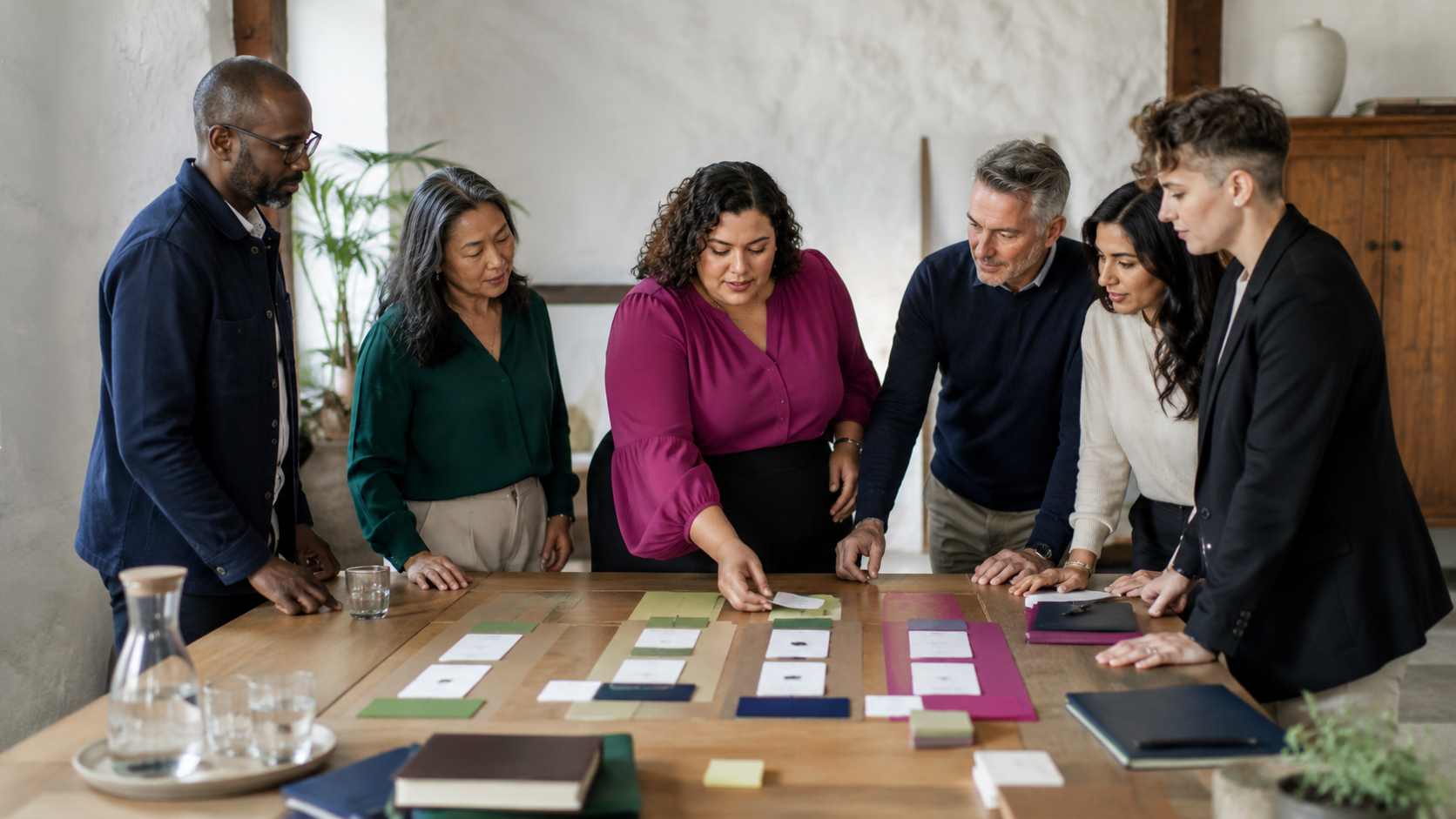 Six diverse people gathered around a wooden table, looking at design samples and color swatches during a meeting in a well-lit room.