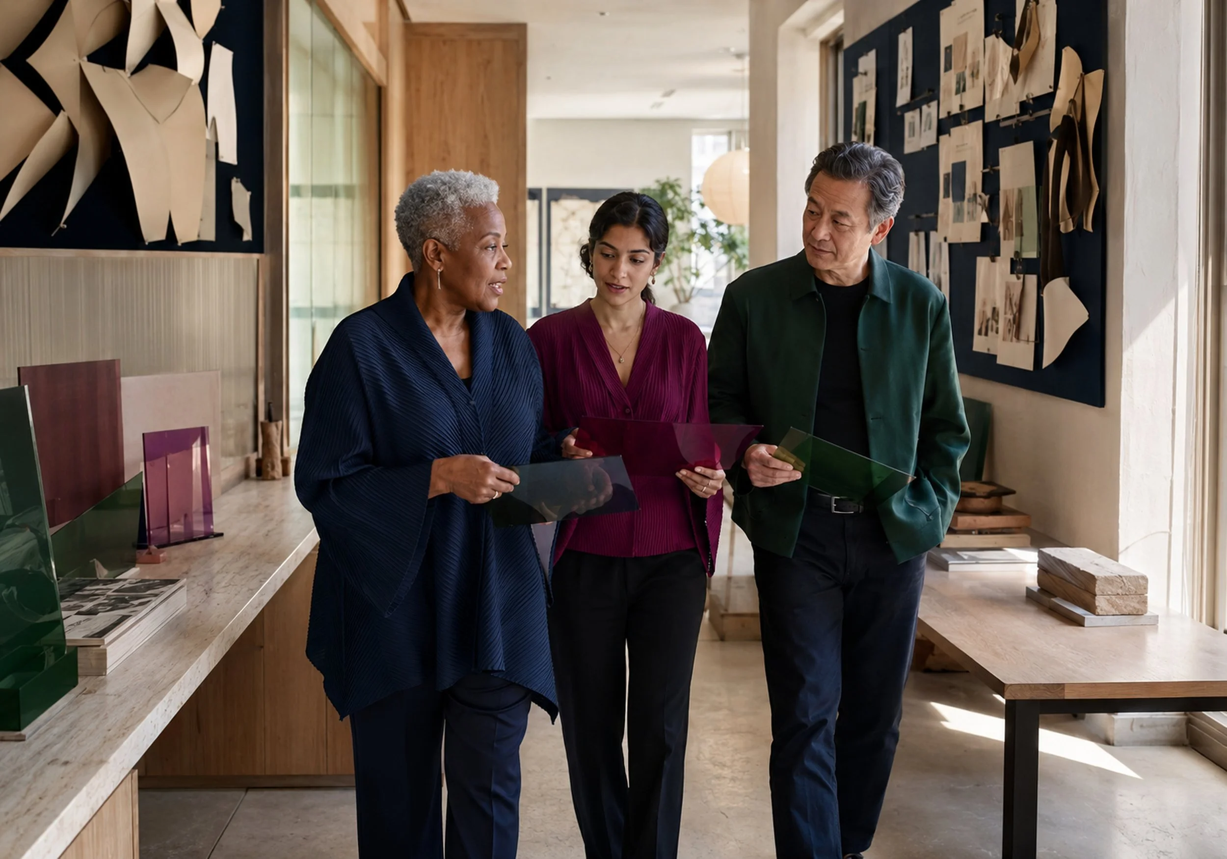 Three people, two women and one man, standing in a room with display boards and artwork, engaged in conversation. The older woman has short gray hair and wears a navy blazer, the young woman has dark hair and wears a maroon blouse, and the man has gray hair and wears a dark green jacket.