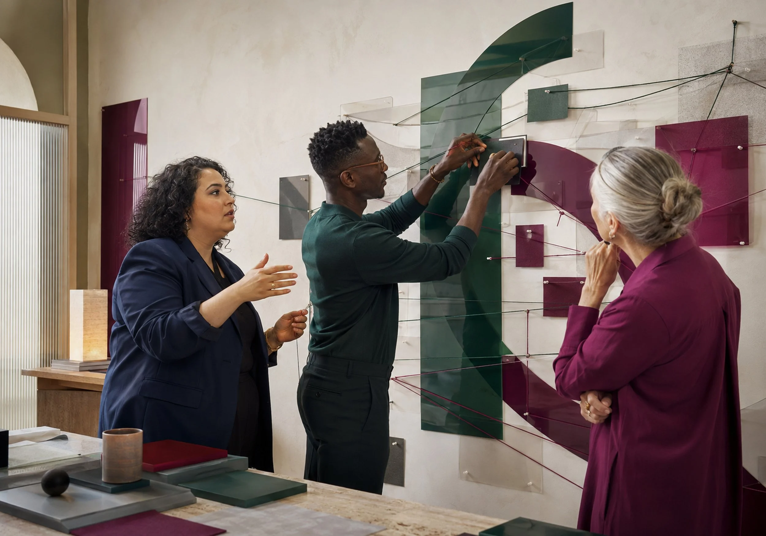 Three women and one man observe and discuss an abstract geometric art installation on a wall, involving colored panels and strings connecting them.