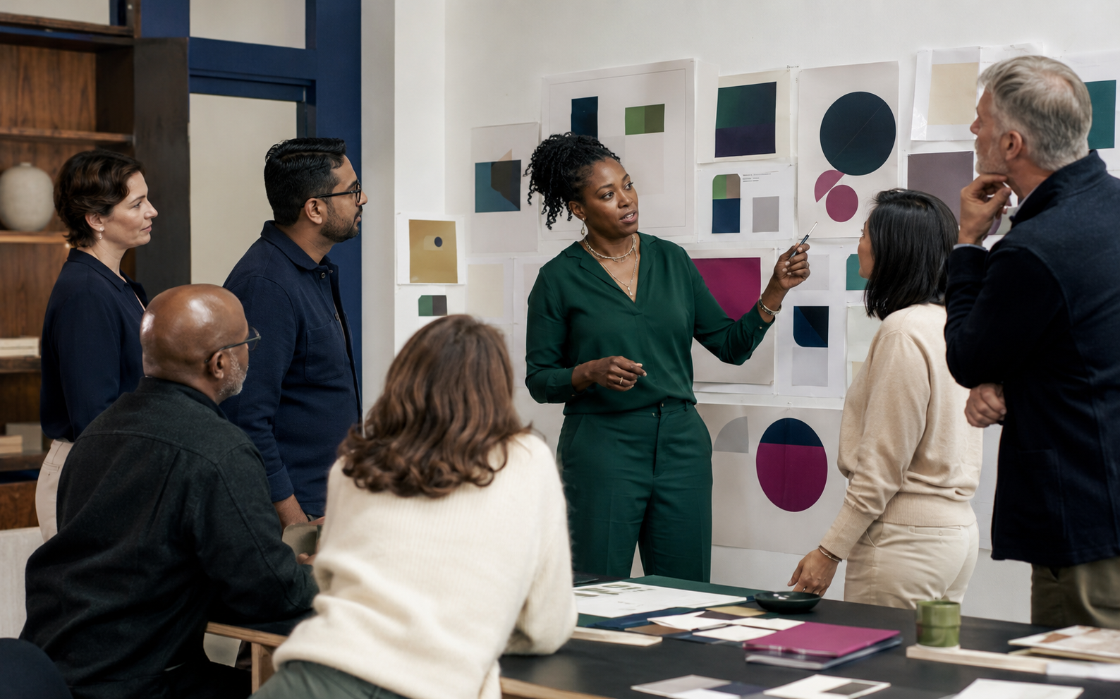 A diverse group of colleagues in a creative meeting room, standing and sitting around a table, listening to a woman presenting colorful geometric design concepts on the wall.