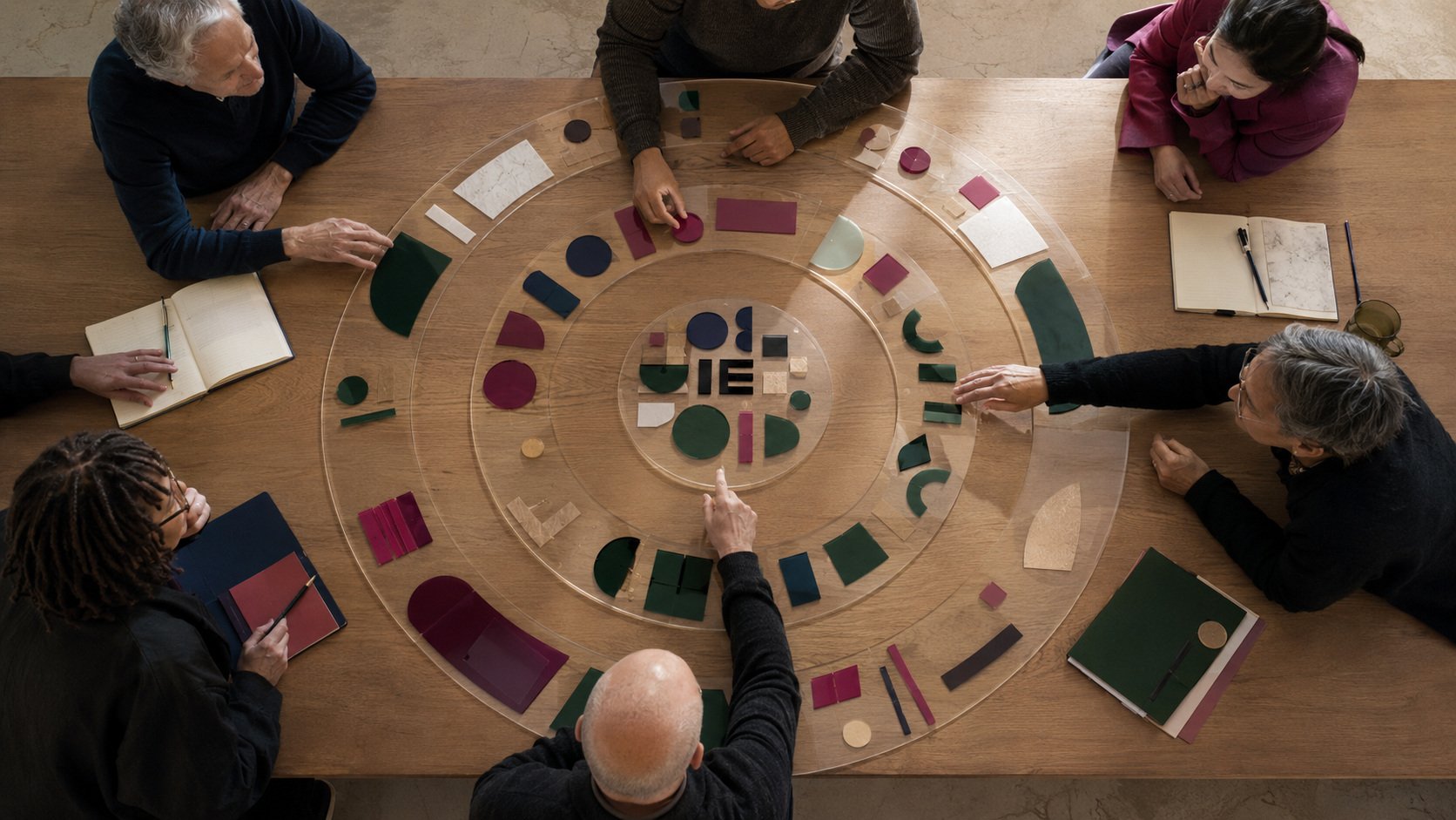 Overhead view of six people sitting around a wooden table, engaging with colorful geometric shapes arranged in concentric circles on a transparent circular board, with notebooks and pens on the table.