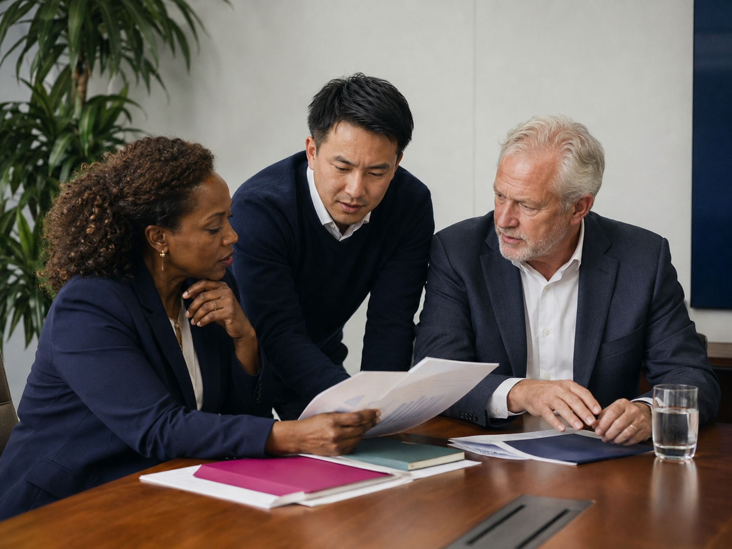 Three business professionals, two women and one man, are gathered around a table reviewing documents in a conference room.