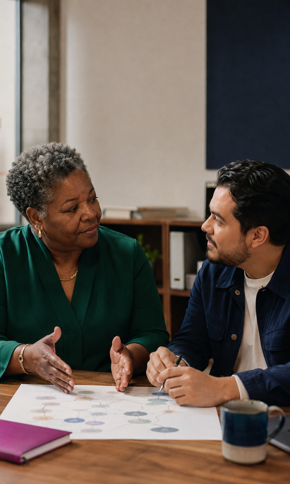 A woman and a man engaged in a discussion over a chart at a table in an office or meeting room.