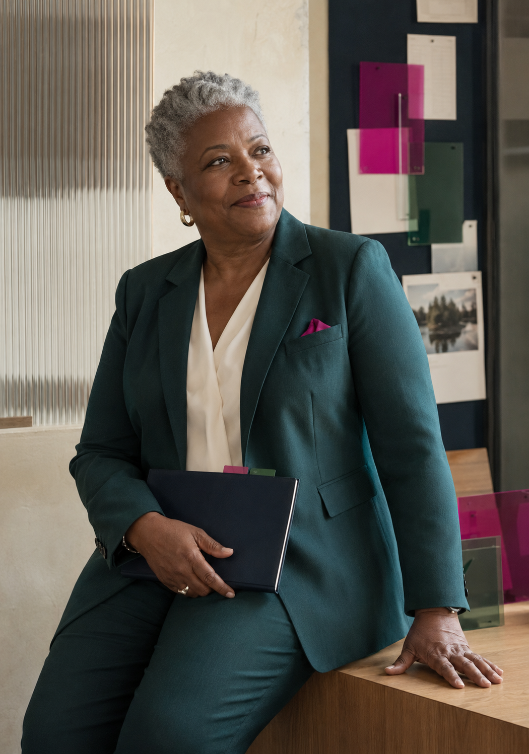 An older African American woman with short gray hair, dressed in a teal blazer and white blouse, holding a navy folder, standing in an office environment.