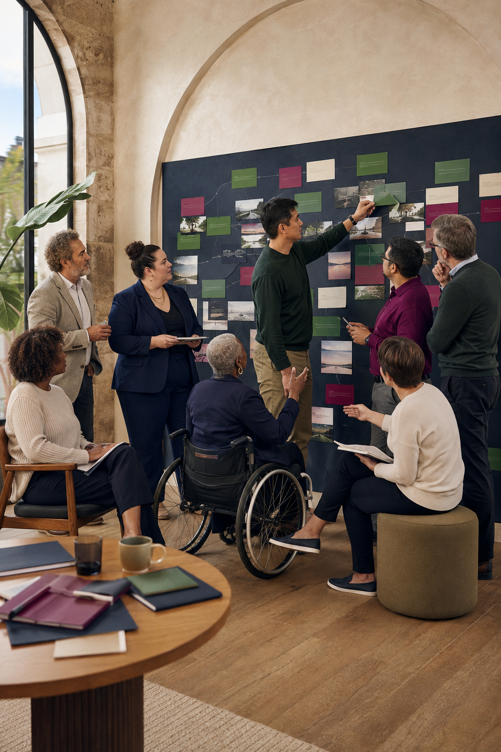 A diverse group of people, including a person in a wheelchair, gathered in a meeting room around a blackboard with visual project plans, as a man explains something to the group.