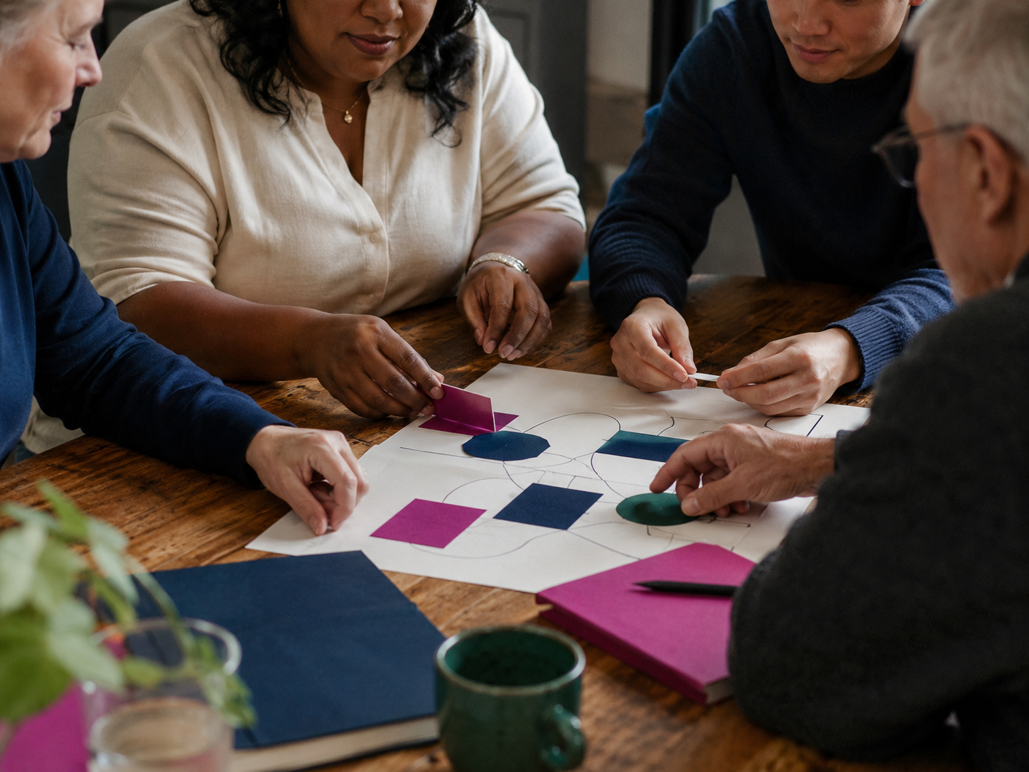 Four people are gathered around a wooden table working on a colorful diagram with paper and fabric swatches, engaging in a collaborative activity.