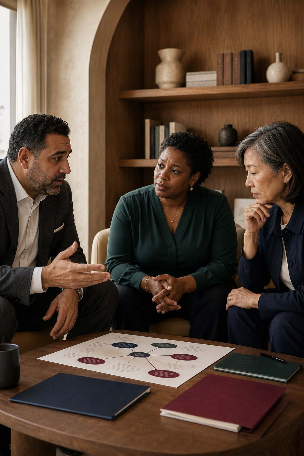 Three professionals having a serious discussion around a table with documents, in a well-lit room with wooden shelving.
