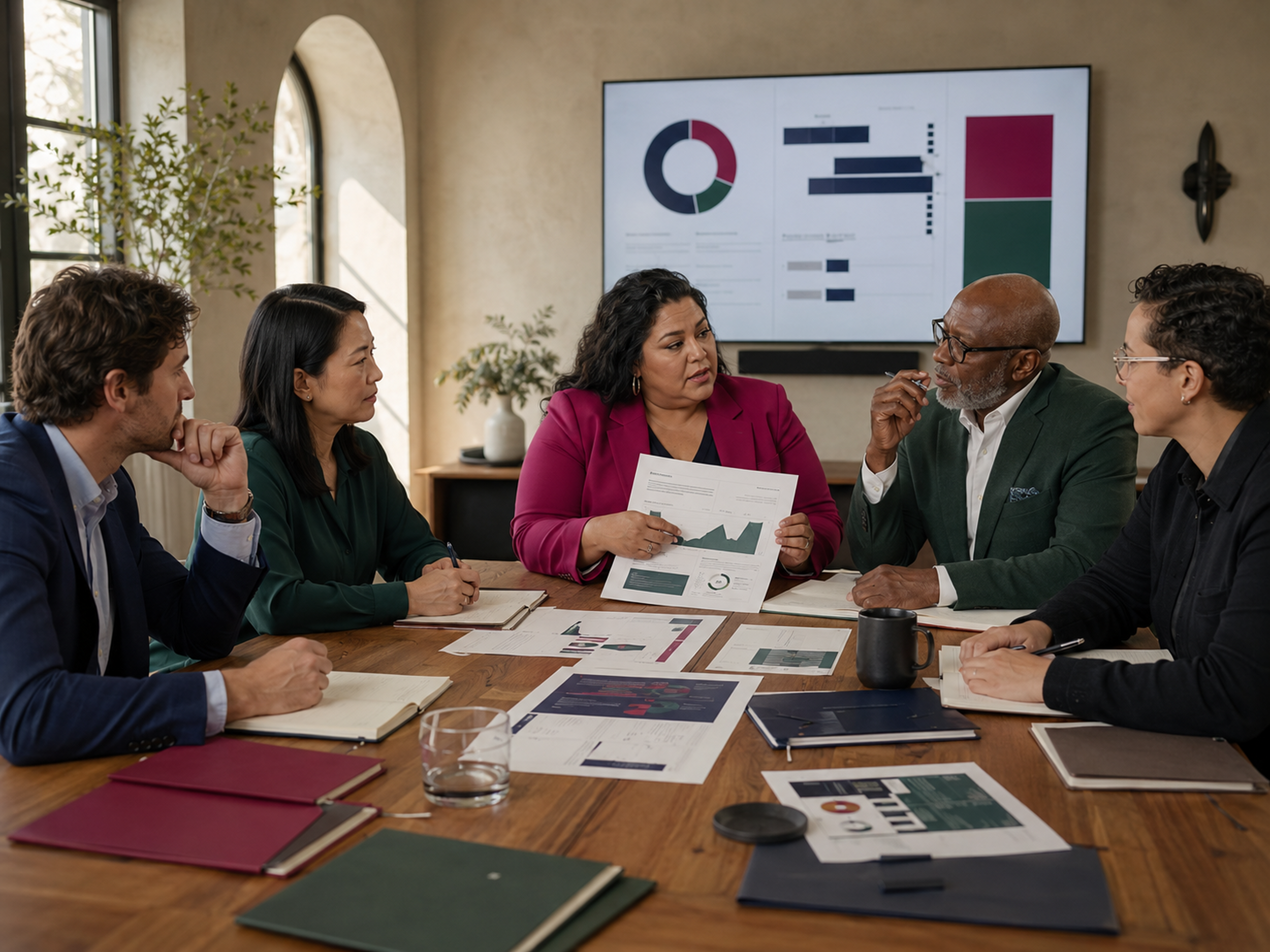 A diverse group of six professionals sitting around a large wooden conference table in a bright room, engaged in a discussion. Papers with charts and graphs are spread out on the table, and a large screen on the wall displays various data visualizations, including pie charts and bar graphs.