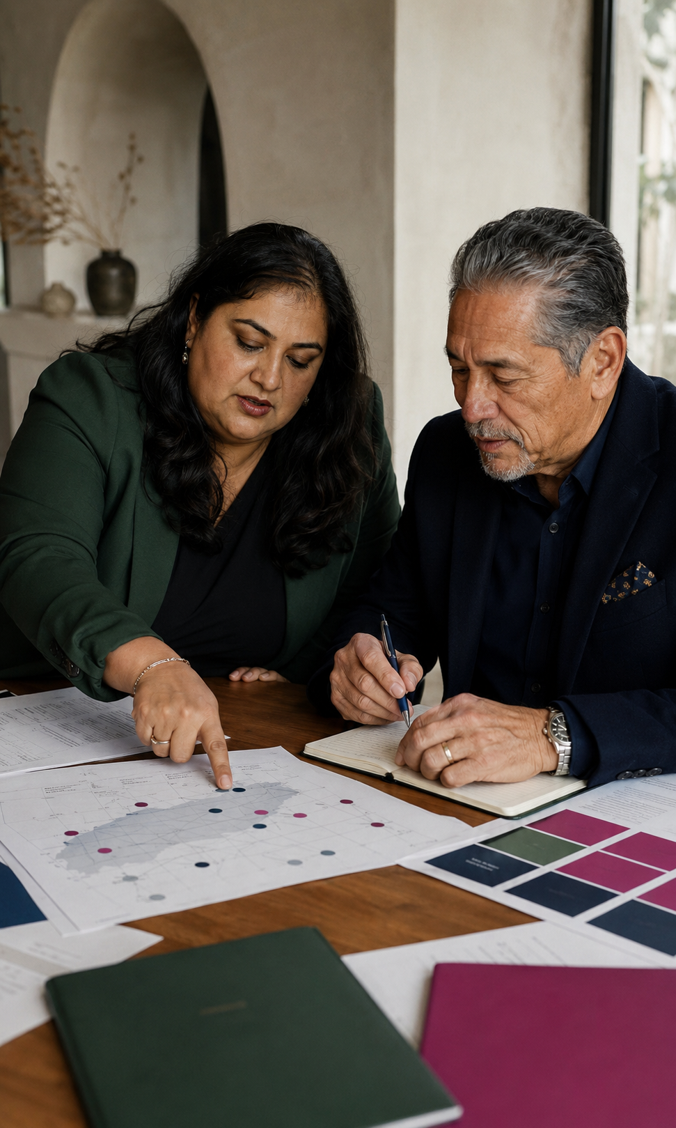 Two businesspeople, a man and a woman, discussing a map with colored pins at a wooden table, surrounded by notebooks and documents.
