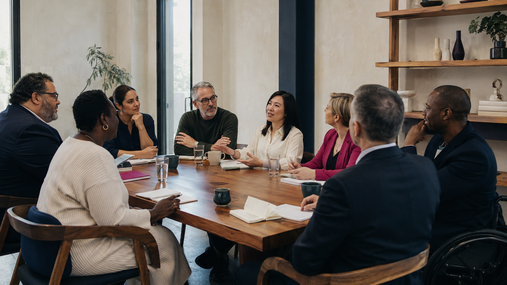 A diverse group of nine people sitting around a large wooden conference table engaged in a discussion in a modern office room with large windows, shelves with decorative items, and potted plants.