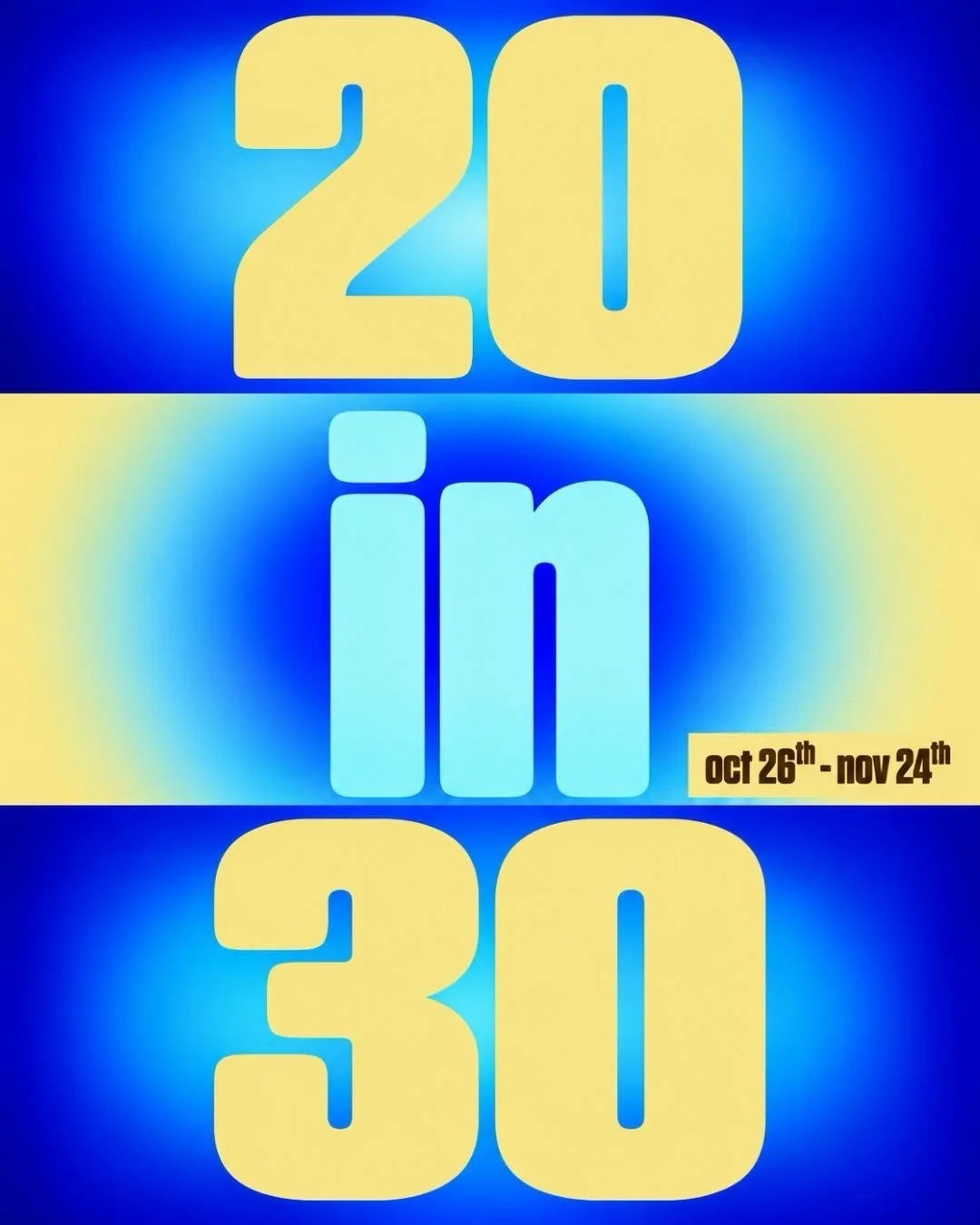 ONE WEEK OUT, PALS!! 😵🫪😯

20 in 30 officially kicks off next monday &amp; we&rsquo;re getting FIRED UP!! let&rsquo;s use this week as a warm-up, hey?

booking opens at 5 pm for the week; round up your pals, grab your spots &amp; LET&rsquo;S GOOOO!
