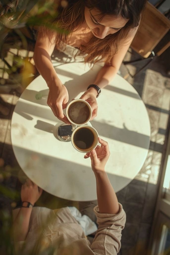 Top-down view of two people holding mugs of coffee at a round table, with sunlight casting shadows.