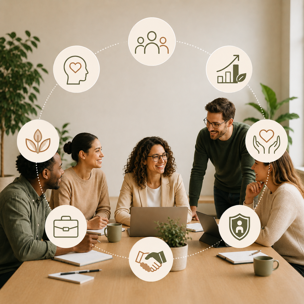 A group of five diverse people in a meeting room engaged in discussion, with digital icons representing teamwork, health, sustainability, growth, and security overlaying the image.