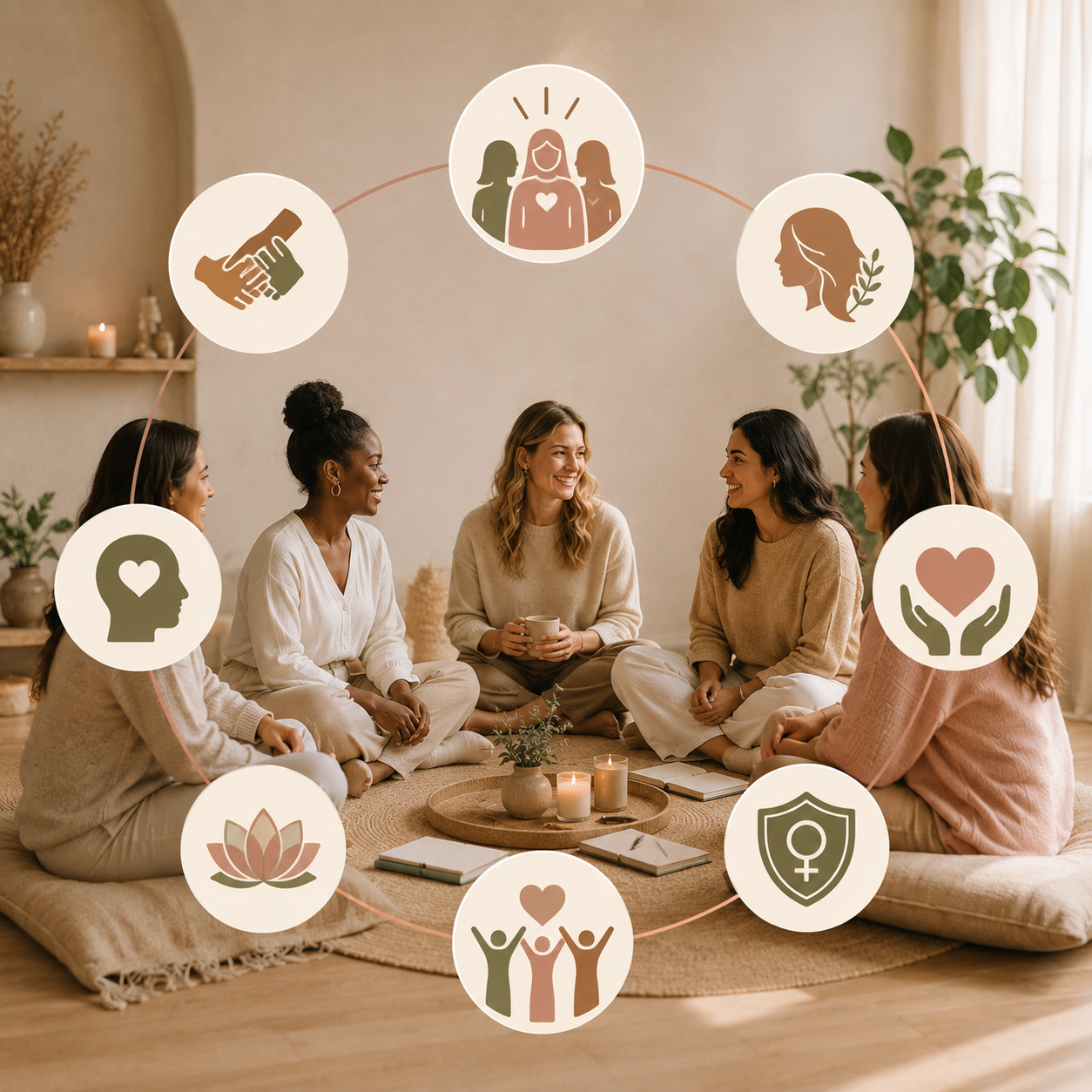 Five women sitting in a circle on the floor, engaged in conversation, with symbols representing trust, friendship, self-care, empowerment, and compassion overlaid in a circular arrangement.