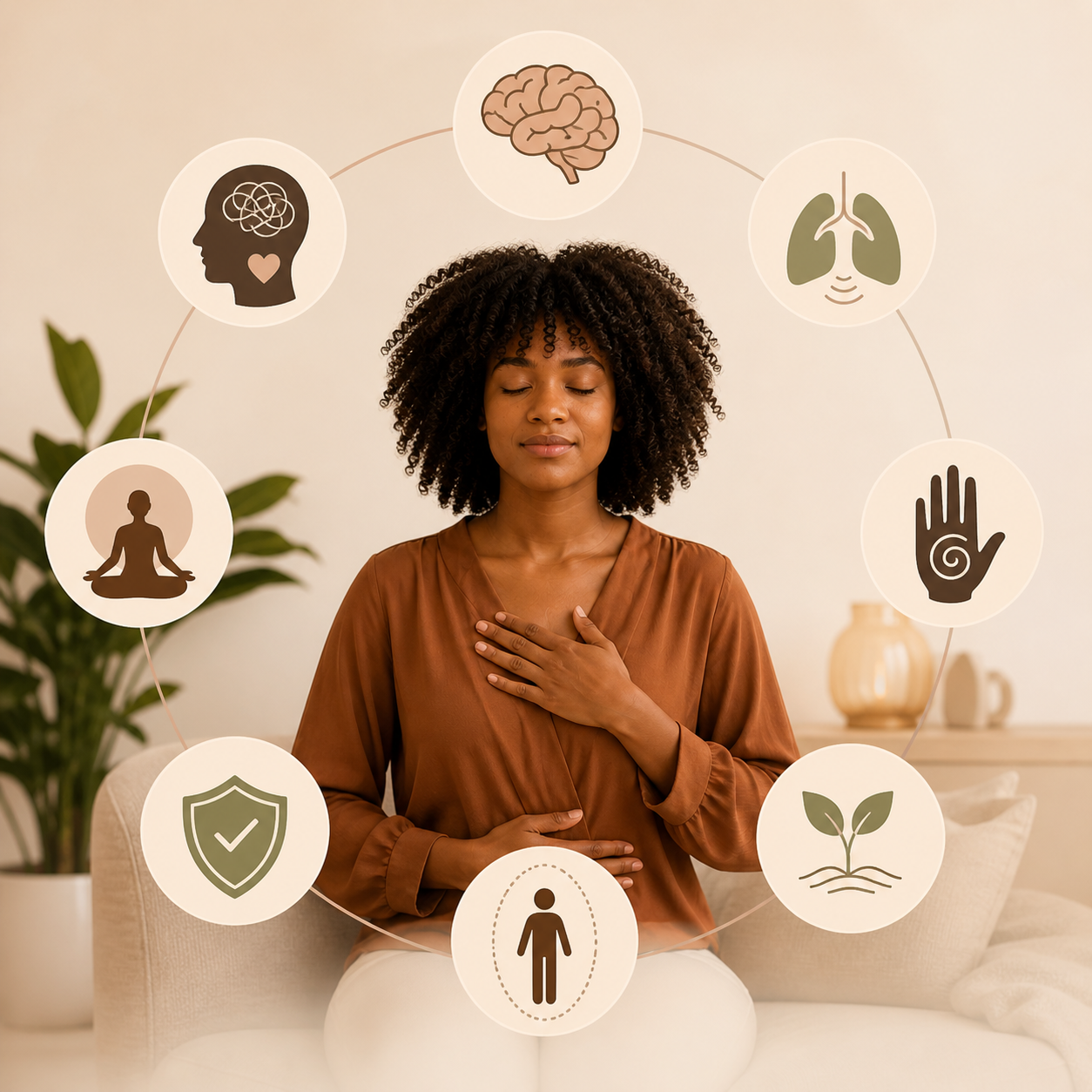 A woman meditating with her hand on her chest, surrounded by icons depicting the brain, lungs, hand with spiral, plant, person, shield, and head with a heart, indicating mindfulness and holistic health.