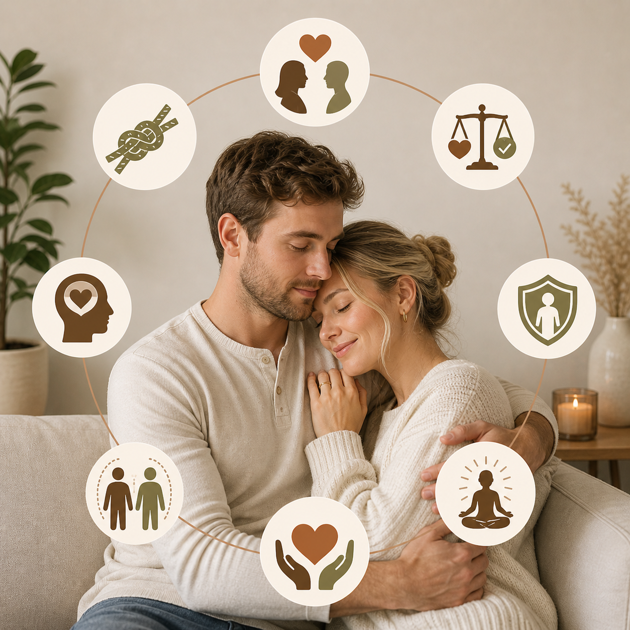 A couple hugging each other with eyes closed, surrounded by icons representing love, health, mental well-being, and personal protection.